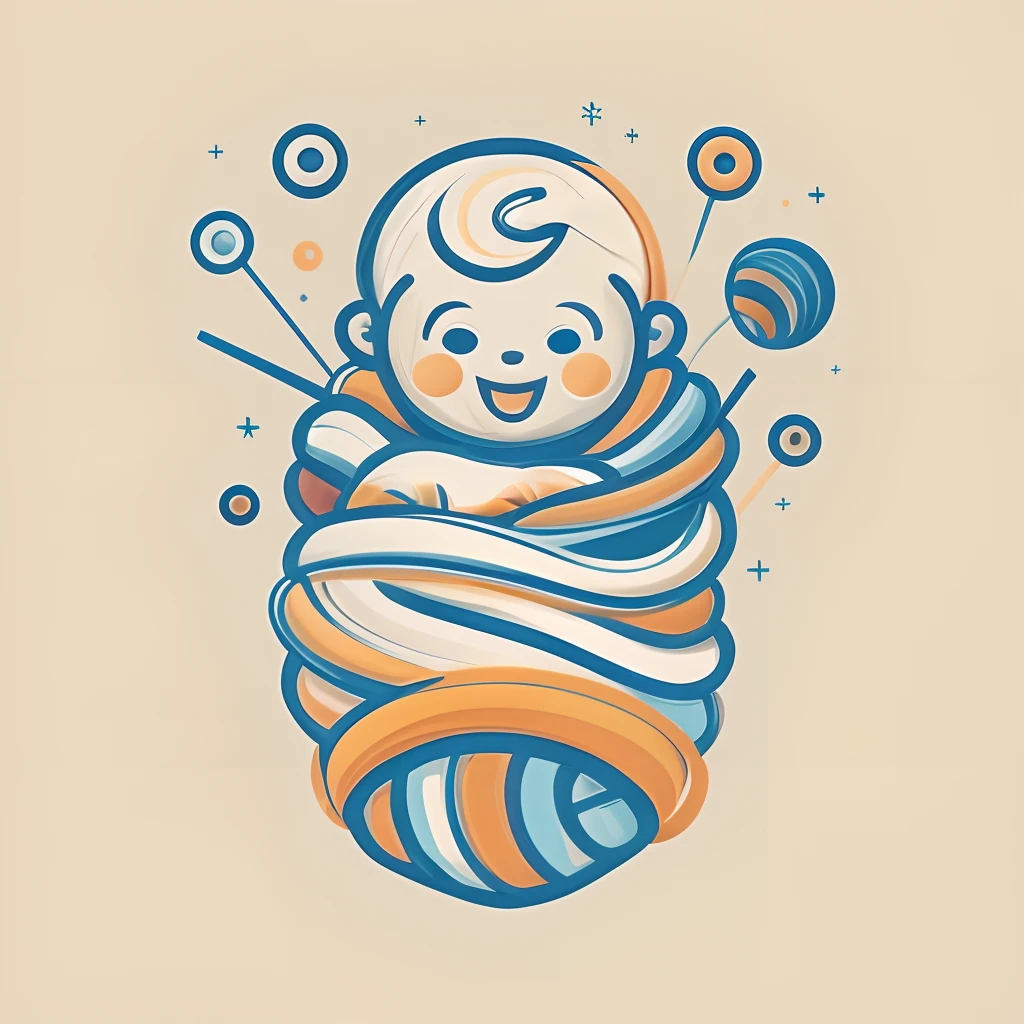 Create a vector illustration in the style of the logo, com um toque minimalista, com um menino enrolado dentro de uma meada de fios. Crie uma imagem limpa e simples com (((detalhes intrincados))) que transmitem o aconchego e o conforto da cena. Ambicione (((extrema qualidade de detalhes))) To make the illustration visually captivating. Create a composition that accentuates the baby's warmth within the skein of the strands. Choose a soft color palette to maintain the minimalist feel of the design.