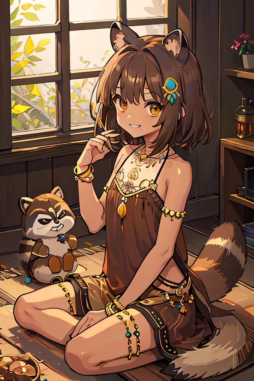 1  raccoon girl, ears, tail, iolite eyes, brown medium hair, tan skin, cute, (grin:0.9), hair ornament, bare shoulders, bracelet, sitting, indian style, indoor, window, day, depth of field, looking at viewer, cowboy shot, (intricate:1.2), (brown theme:1.2), (brown tone:1.2), yellow tone, (moss green tone:0.4), illustration,