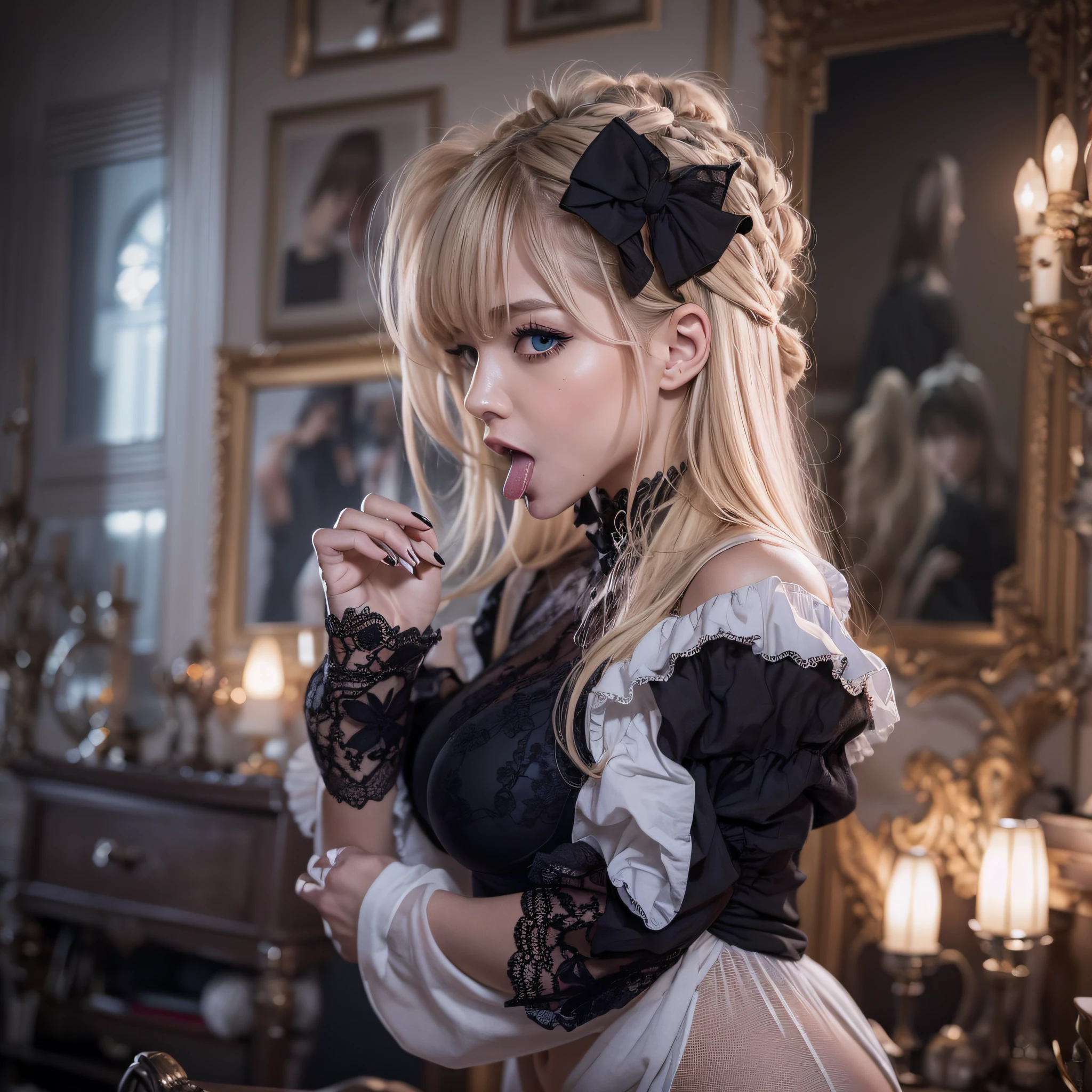 masutepiece, Raw photo，High resolution，Best Quality，High Definition, Perfect composition, Perfect face, Perfect body, 16 K，Cinematic lighting，Russian woman，1 persons，a blond，(two side up)，Messy room，Tongue out，Gothic ta，Large breasts，Navel，(claw pose)，