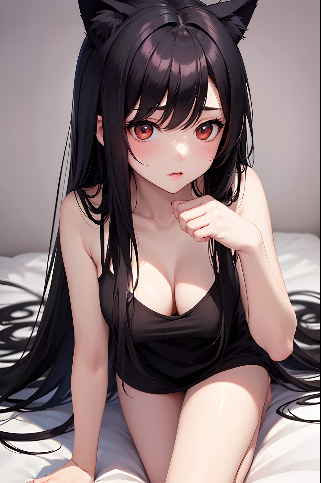 1 girl, crawling on the bed, look at the viewer,Black long t shirt until thighs, long black hair, red colour eyes, perfect body figure, normal breast 1:3, pale skin, cute & beautiful, neko style cat ears