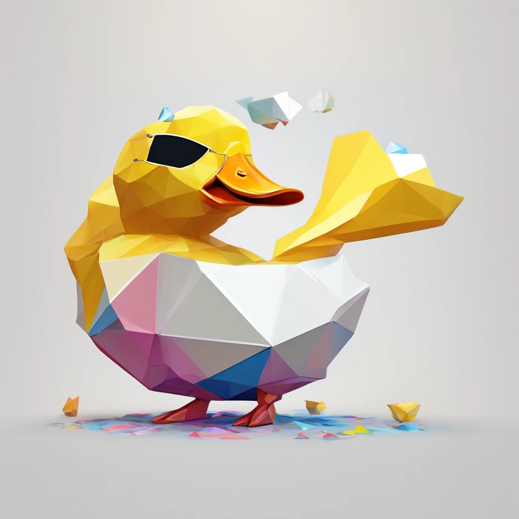 Perfect alignment, Cute little yellow duck,There are 3 question marks on the top of the head,crystal vases,Rose flower, Wearing sunglasses, cheerfulness, Standing position, Abstract beauty, Centered, Looking at the camera, Facing the camera, nearing perfection, Dynamic, Highly detailed, smooth, Sharp focus, 8K, high definition resolution, illustration, Art by Carne Griffiths and Wadim Kashin, White background