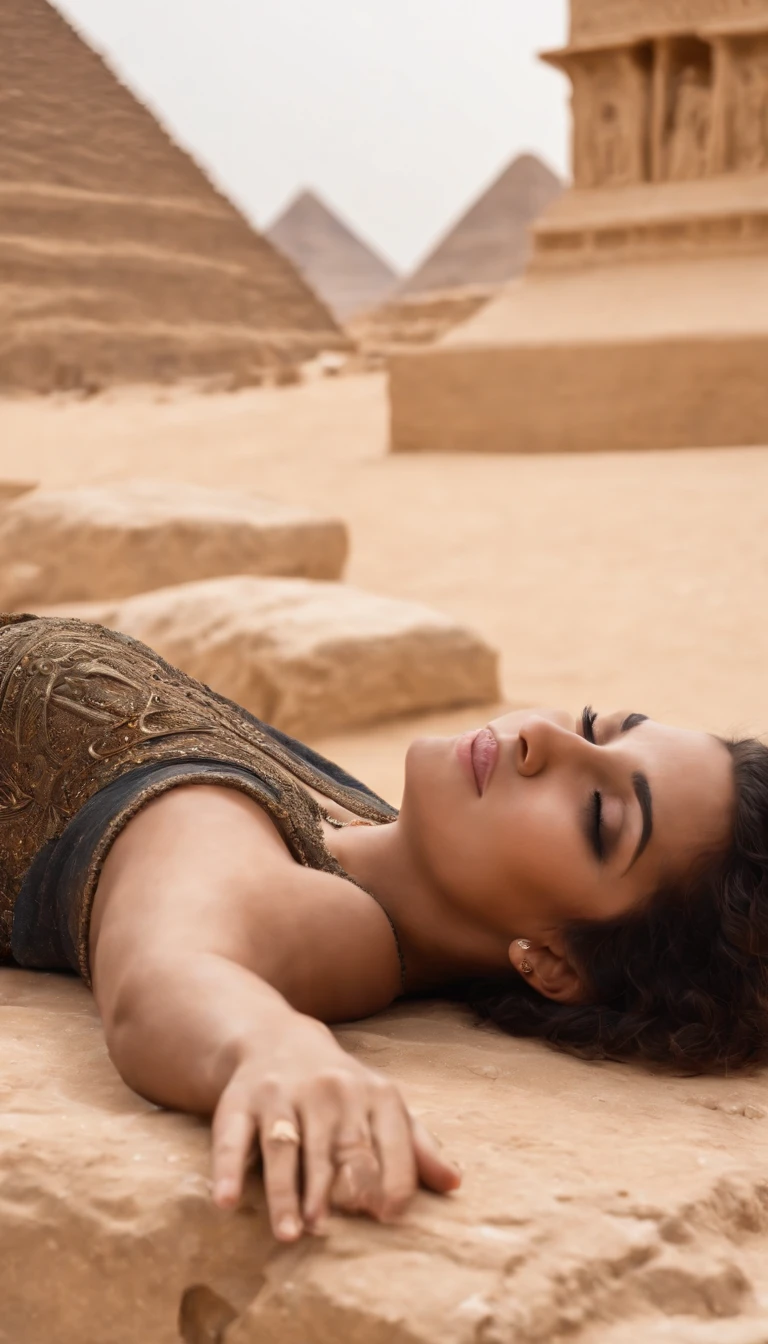 An Egyptian woman lying on a stone in pain, Mola 35mm, fotografia, ultra detalhes, detalhes de textura precisos HDR, UHD,64 mil