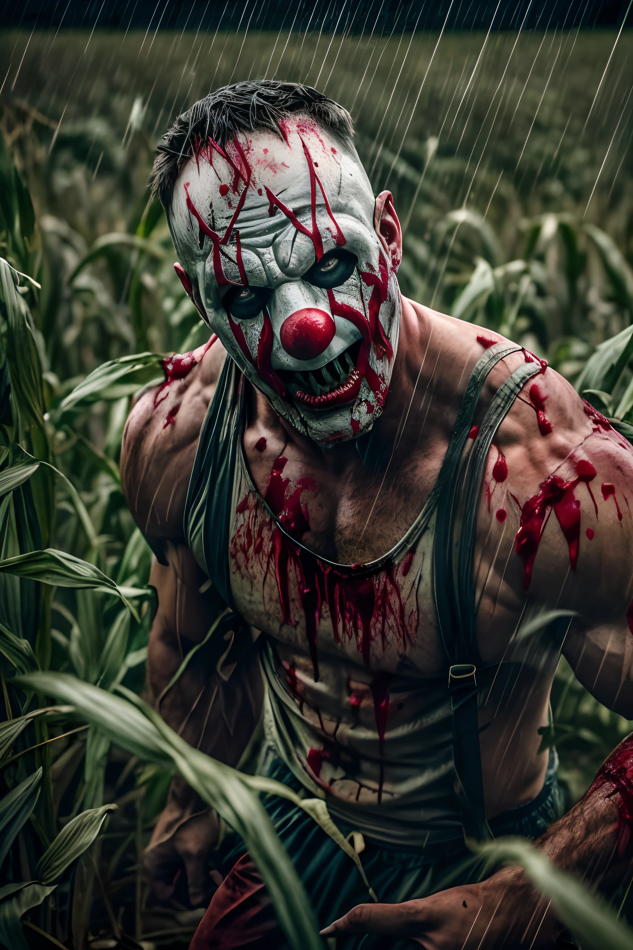 Photo of (terrifying) hulking male slasher covered in blood in a cornfield, clown mask, white-tank-top, lightening, rain, dramatic lighting, (low angle shot), detailed, high quality, high resolution, 8k, high saturation