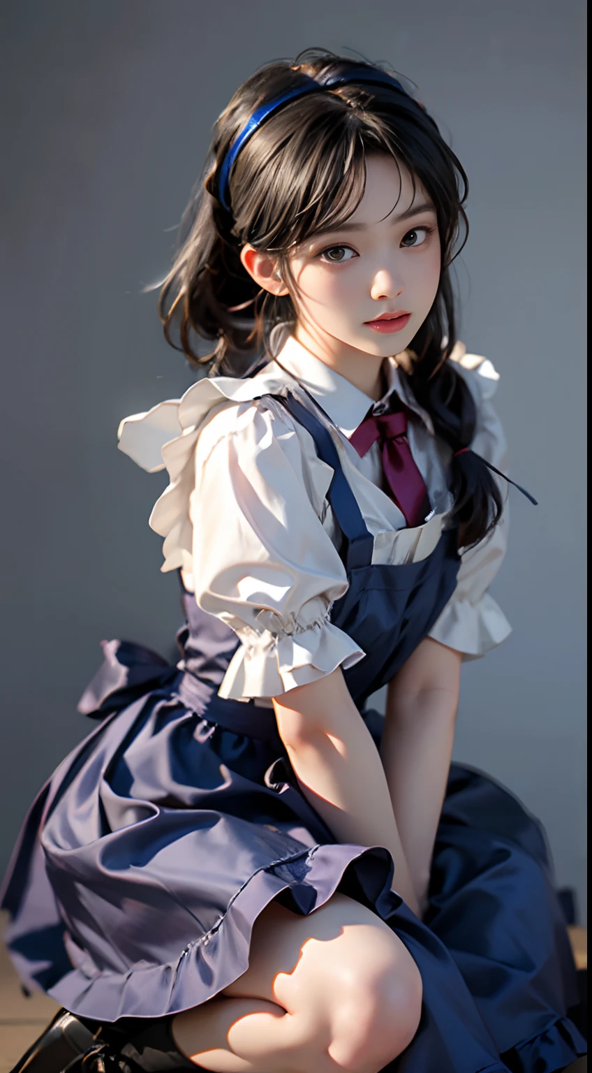 Top quality, Masterpiece, 超高分辨率, (Photorealistic: 1.4), RAW photo, 1 girl, English maid, Ruffled maid headband, pony tails, Braided hair, Ruffle blouse, Ribbon Ties, aprons, Long skirt, Puff sleeves, White silk ankle socks，frilld, Glowing skin, No gray background, Flowers, crouched