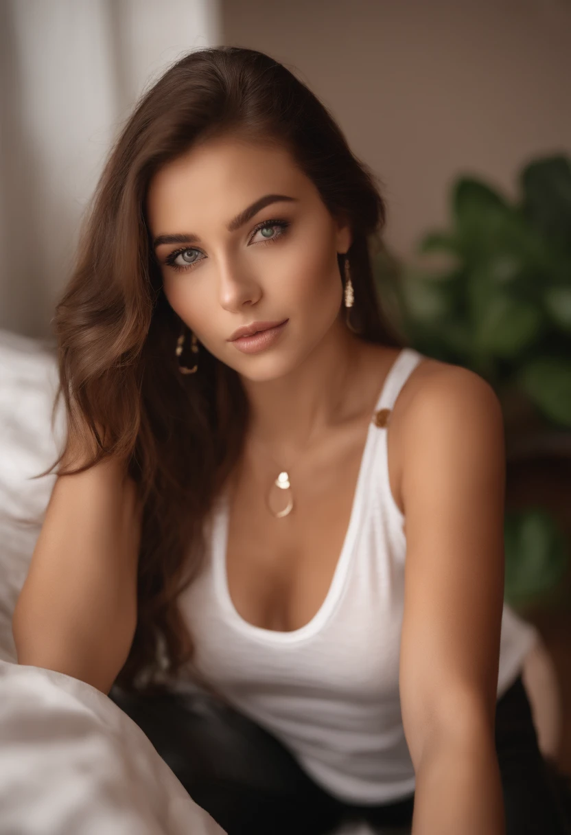 arafed woman with a white tank top and a necklace, sexy girl with green eyes, portrait sophie mudd, brown hair and large eyes, selfie of a young woman, bedroom eyes, violet myers, without makeup, natural makeup, looking directly at the camera, face with artgram, subtle makeup, stunning full body shot, piercing green eyes, beautiful angle, attractive pose, cute girl, sexy pose, full body picture, full body, full body shoot, brunette goddess, high detail, satisfied pose, leather pants