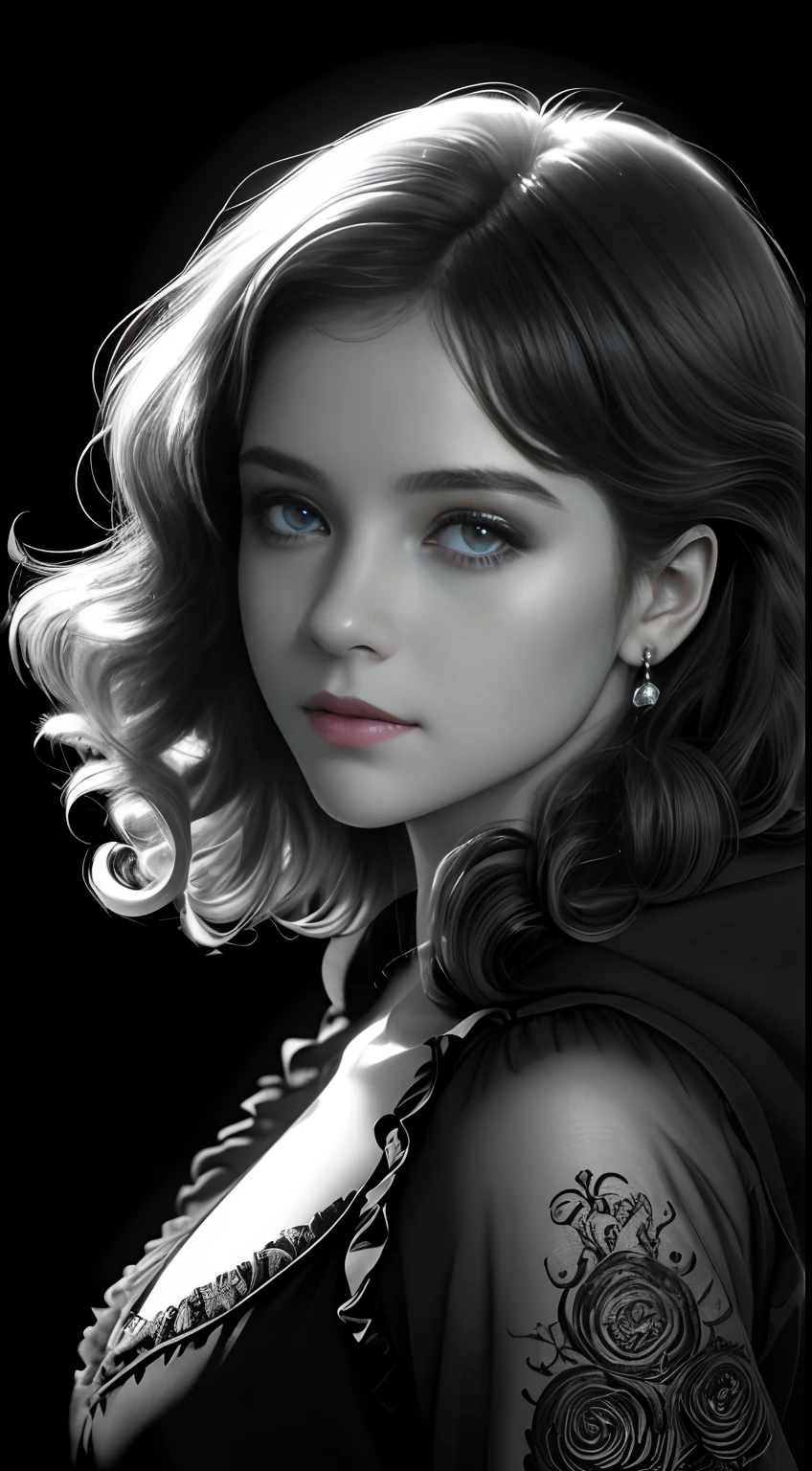 Russian Girl, Trends on ArtStation, Trends on CGSociety, Intricate, High Detail, Clear Focus, Dramatic, Realistic Art of Drawing, by Midjourney and Greg Rutkowski, ((Best Quality)), ((Masterpiece)), High Resolution, Original, Very Detailed Wallpaper, Very Delicate and Pretty, Illustration, Cinematic Light, Volumetric Light, Halo Effect, Light Particles, ((1girl)), beautifuldetailedeyes, longsleeves, hoodie, frills, noshadow, simplebackground, (((black background))), European, bright, (((1980s(style)))), cinema, silhouette, grayscale, monochrome, ((large wavy curls)), slit pupils, (((looking back))), cinematic angles, ((( (close-up))),(((portrait))), lens flare, seductive smile, tarot cards, medium hair