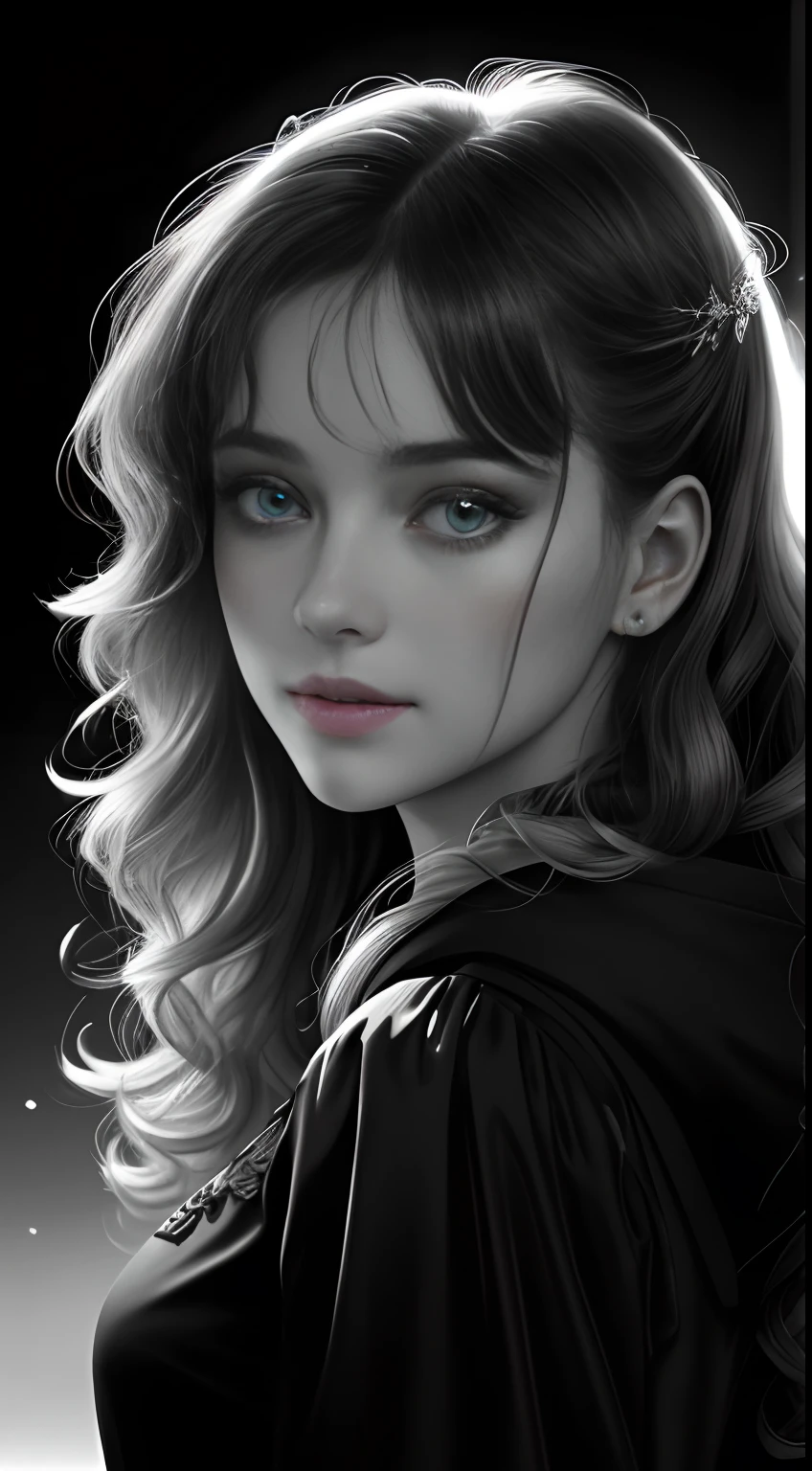 Russian Girl, Trends on ArtStation, Trends on CGSociety, Intricate, High Detail, Clear Focus, Dramatic, Realistic Art of Drawing, by Midjourney and Greg Rutkowski, ((Best Quality)), ((Masterpiece)), High Resolution, Original, Very Detailed Wallpaper, Very Delicate and Pretty, Illustration, Cinematic Light, Volumetric Light, Halo Effect, Light Particles, ((1girl)), beautifuldetailedeyes, longsleeves, hoodie, frills, noshadow, simplebackground, (((black background))), European, bright, (((1980s(style)))), cinema, silhouette, grayscale, monochrome, ((large wavy curls)), slit pupils, (((looking back))), cinematic angles, ((( (close-up))),(((portrait))), lens flare, seductive smile, tarot cards, medium hair