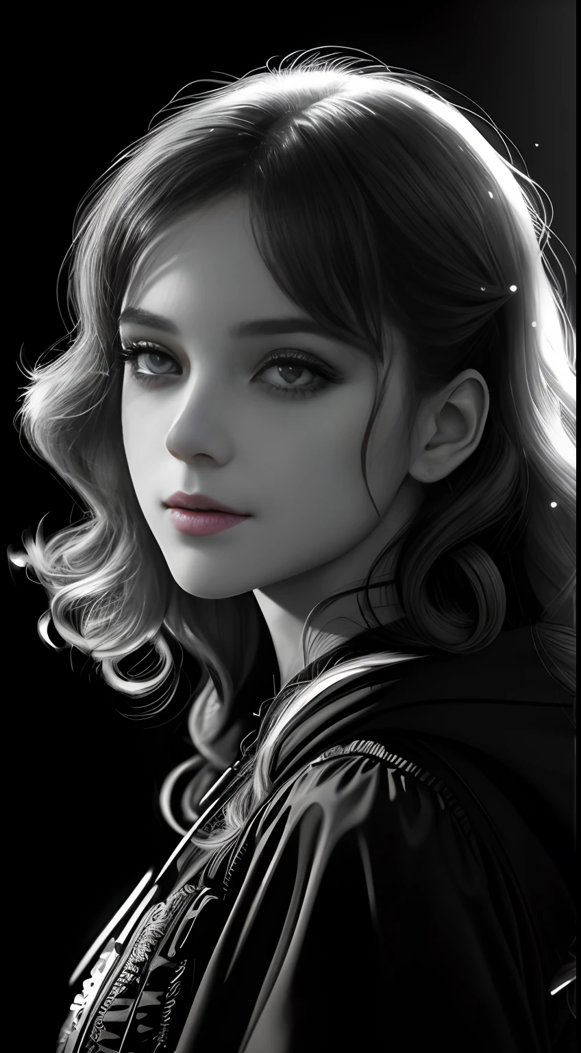 Russian Girl, Trends on ArtStation, Trends on CGSociety, Intricate, High Detail, Clear Focus, Dramatic, Realistic Art of Drawing, by Midjourney and Greg Rutkowski, ((Best Quality)), ((Masterpiece)), High Resolution, Original, Very Detailed Wallpaper, Very Delicate and Pretty, Illustration, Cinematic Light, Volumetric Light, Halo Effect, Light Particles, ((1girl)), beautifuldetailedeyes, longsleeves, hoodie, frills, noshadow, simplebackground, (((black background))), European, bright, (((1980s(style)))), cinema, silhouette, grayscale, monochrome, ((large wavy curls)), slit pupils, (((looking back))), cinematic angles, ((( (close-up))),(((portrait))), lens flare, seductive smile, tarot cards, medium hair