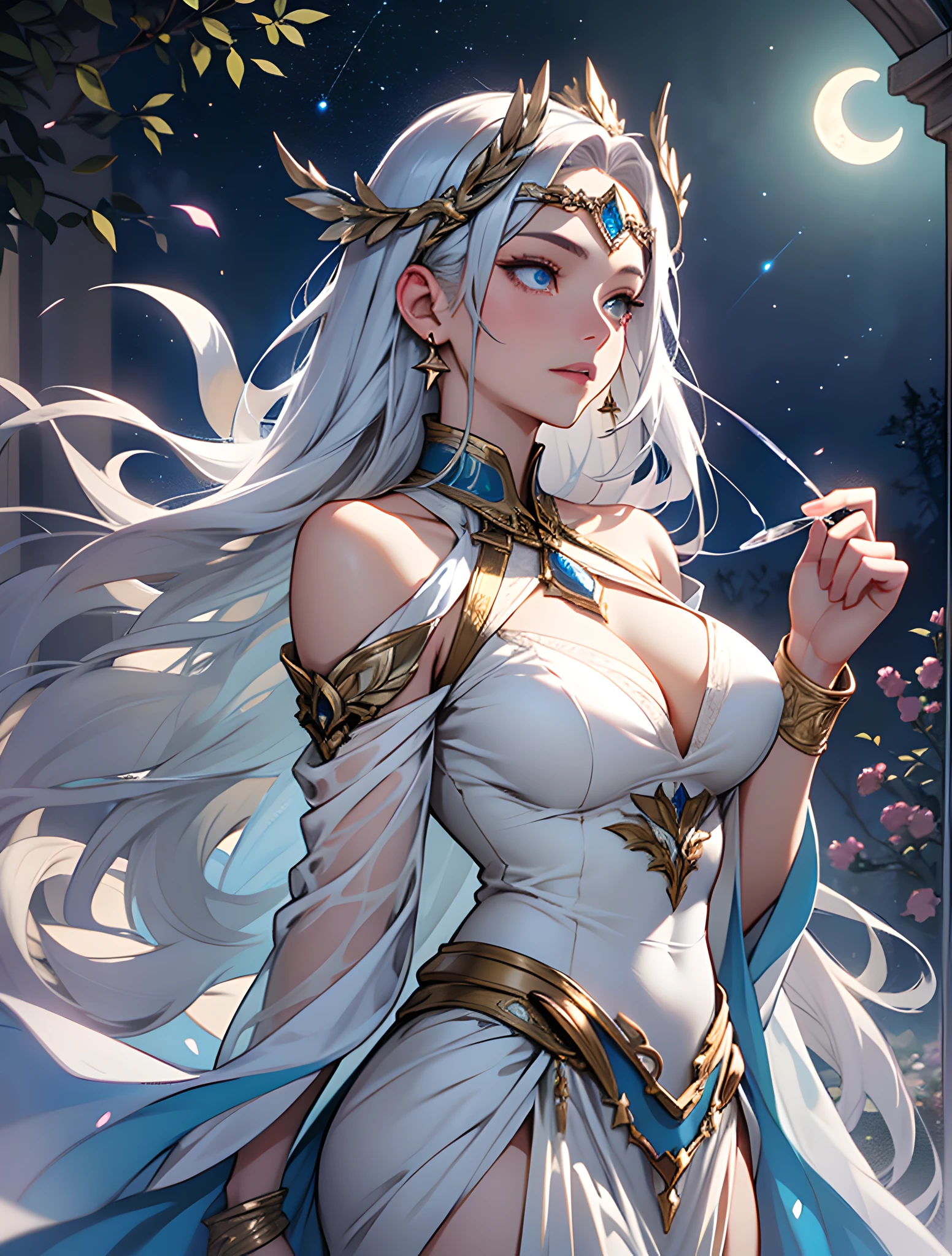 eraphina possesses a delicate and ethereal beauty with long, flowing silver hair and captivating moonlit-blue eyes. Her skin seems to shimmer with a soft, silvery glow.
Costume: She dons a diaphanous gown made of silver silk and adorned with celestial motifs, including stars and crescent moons. Her attire is accompanied by a silver circlet, and she carries a silver lantern that emits a soft, calming light to guide lost souls in the cemetery.