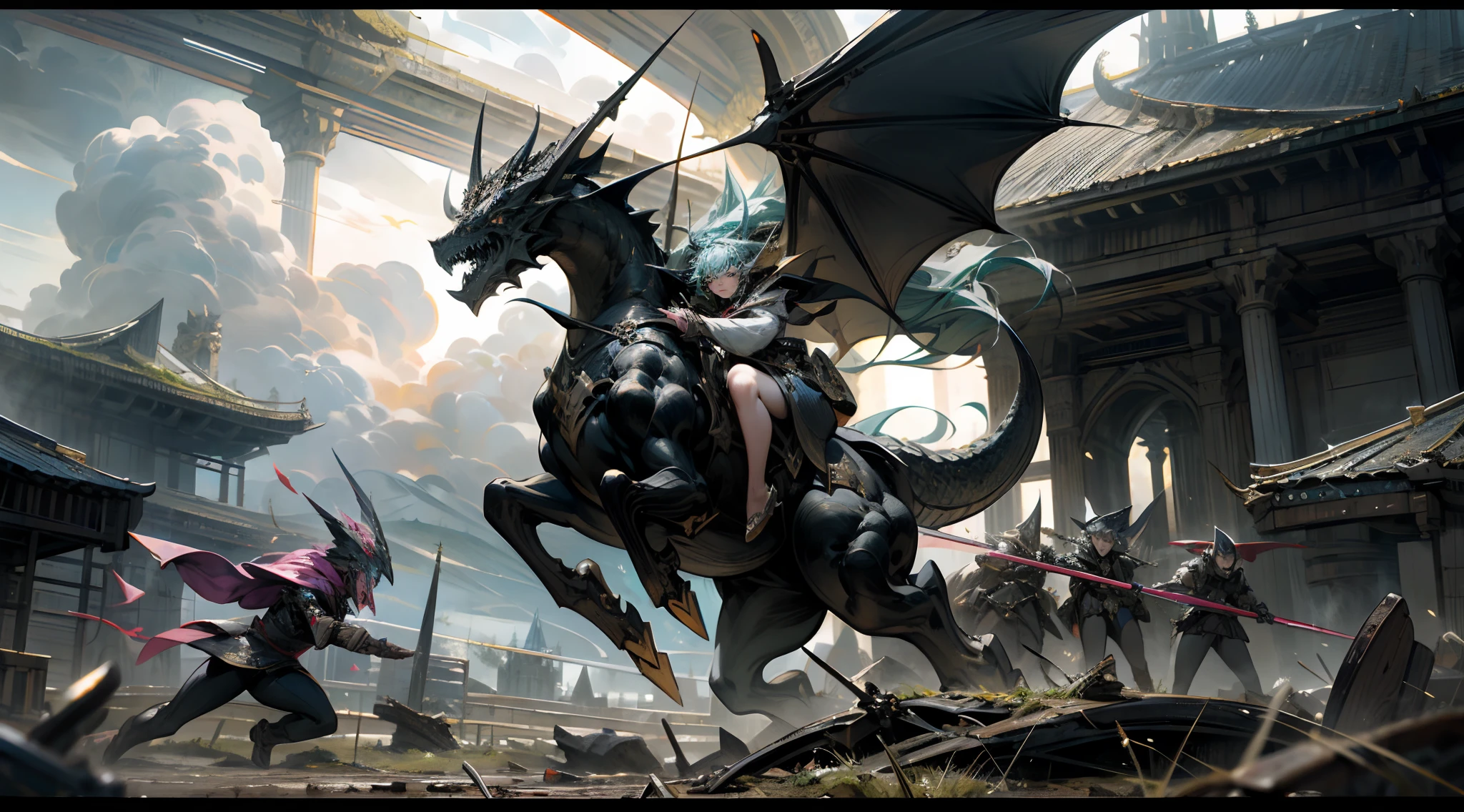 imagine prompt: Epic fantasy battles across vast open plains, The army of mythical creatures and warriors is against each other, wielding fantastic weapons, A storm brewing in the dark sky, Um raio atinge o solo, Fly over the dragon above, Greatness and heroism in chaos, obra de arte de um, Mixed media, Combine pintura digital com pintura tradicional，For action, dynamic and detailed, --AR 16:9 --V 5