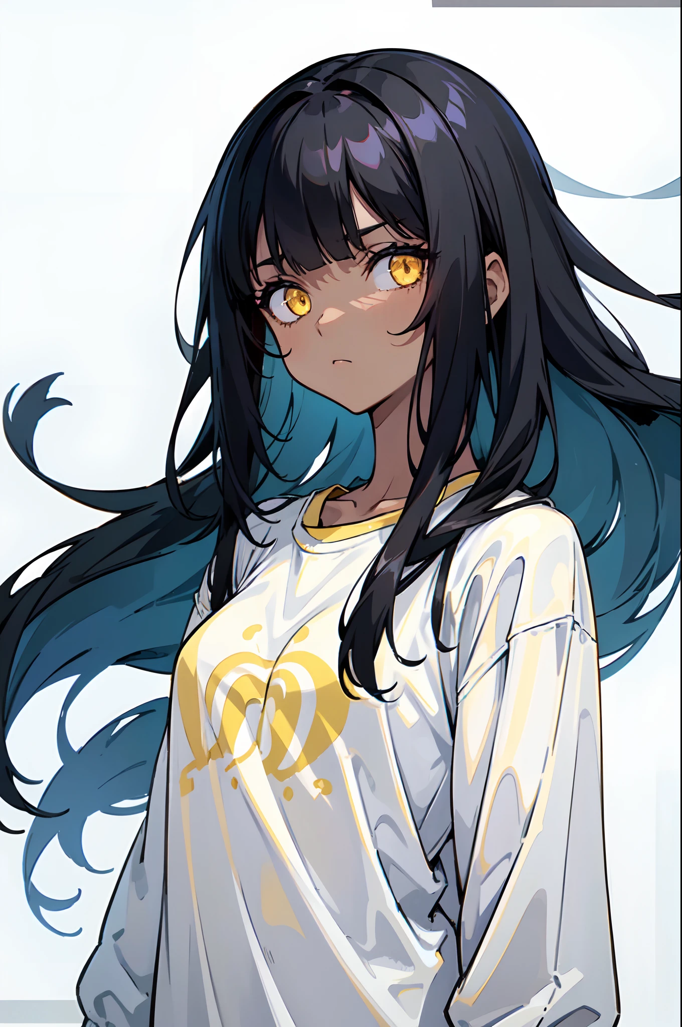 1girl, solo, , dark skin, black hair, monochrome hair, medium hair, hime cut, blunt bangs, long sidelocks, messy hair, yellow eyes, white shirt, oversized shirt, bottomless, (yellow eyes, glowing eyes), (small breasts), inexpressive, serious, standing, facing at viewer, looking at viewer, (upper body close-up), white background, simple background, masterpiece, best quality, 8k