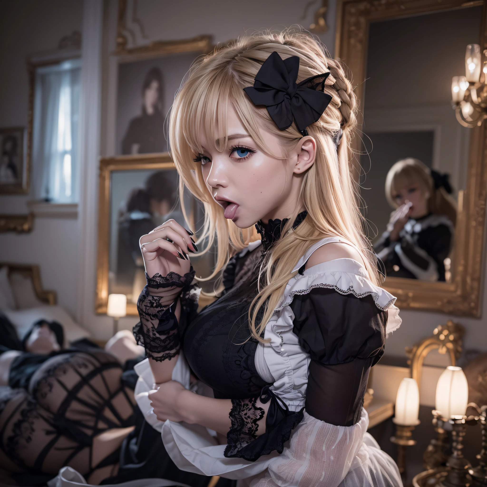 masutepiece, Raw photo,High resolution,Best Quality,High Definition, Perfect composition, Perfect face, Perfect body, 16 K,Cinematic lighting,Russian woman,1 persons,a blond,(two side up),Messy room,Tongue out,Gothic ta,Large breasts,Navel,(claw pose),