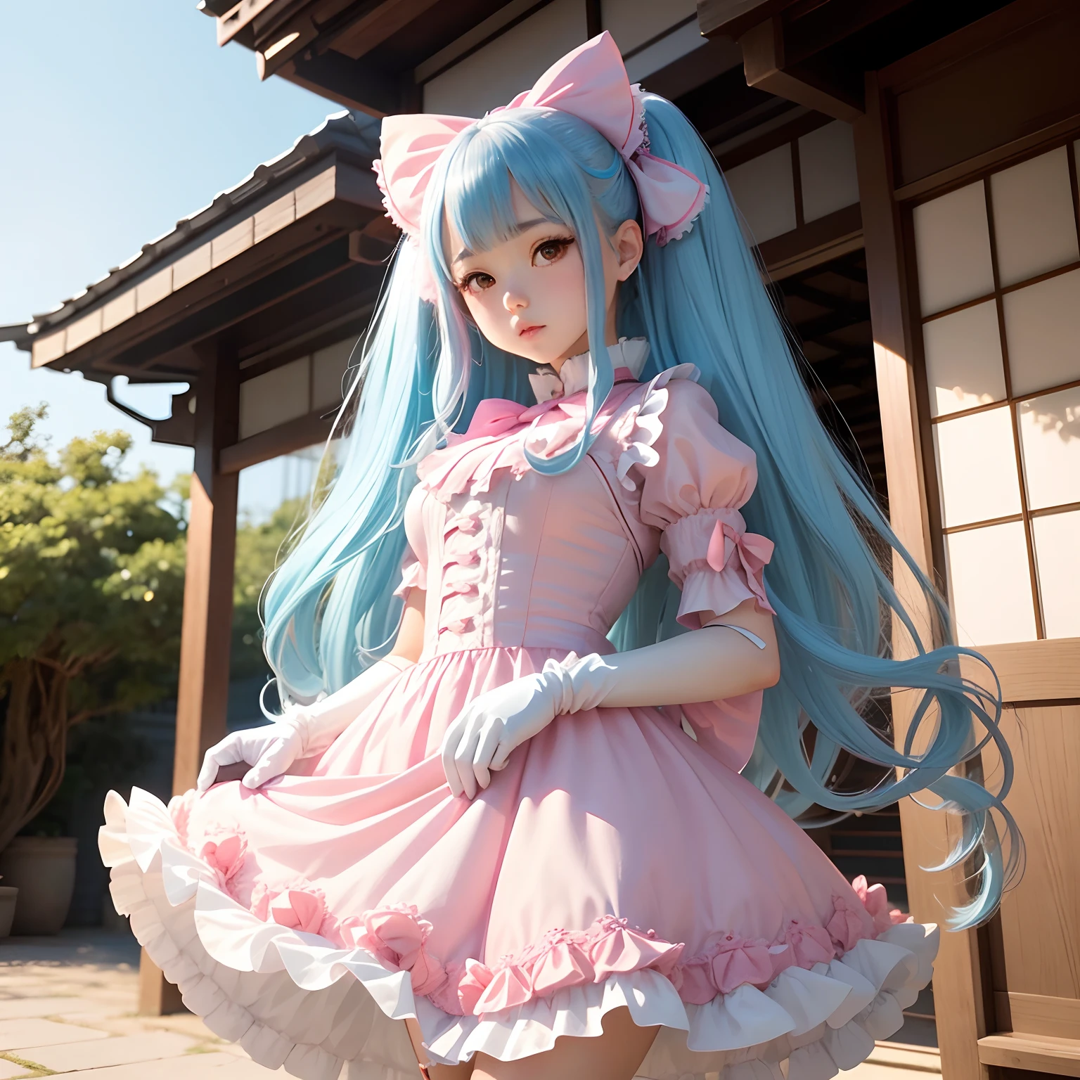 Cute Japanese Girl, Pink and white lolita dress, Two-tailed long hair, Blue hair tie bow, Brown eyes, Lolita dress, full entire body, stand, White gloves, slipped bust, outdoor
