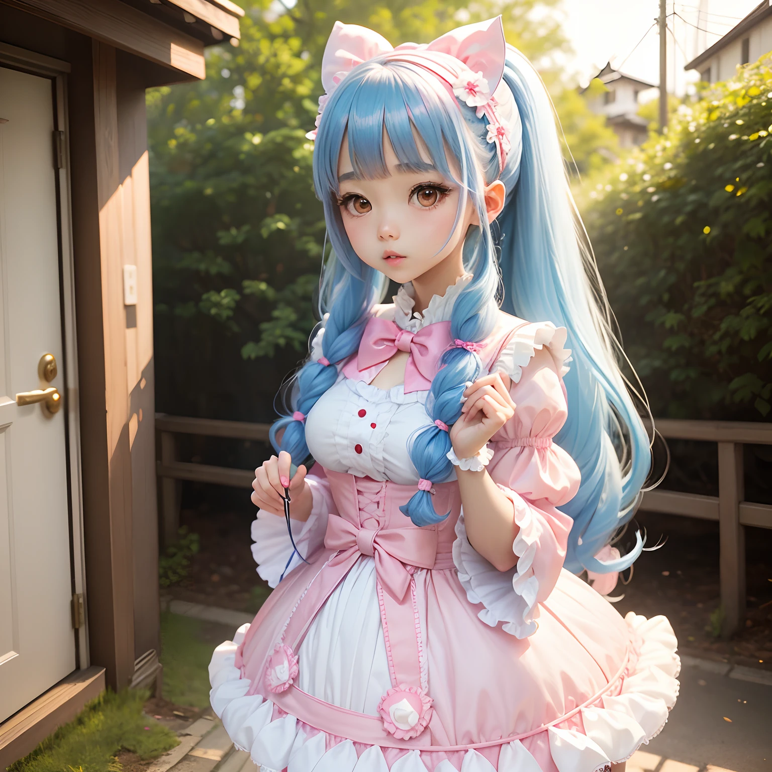 Cute Japanese Girl, Pink and white ta dress, Two-tailed long hair, Blue hair tie bow, Brown eyes, Loliress, full entire body, stand, White gloves, slipped bust, outdoor