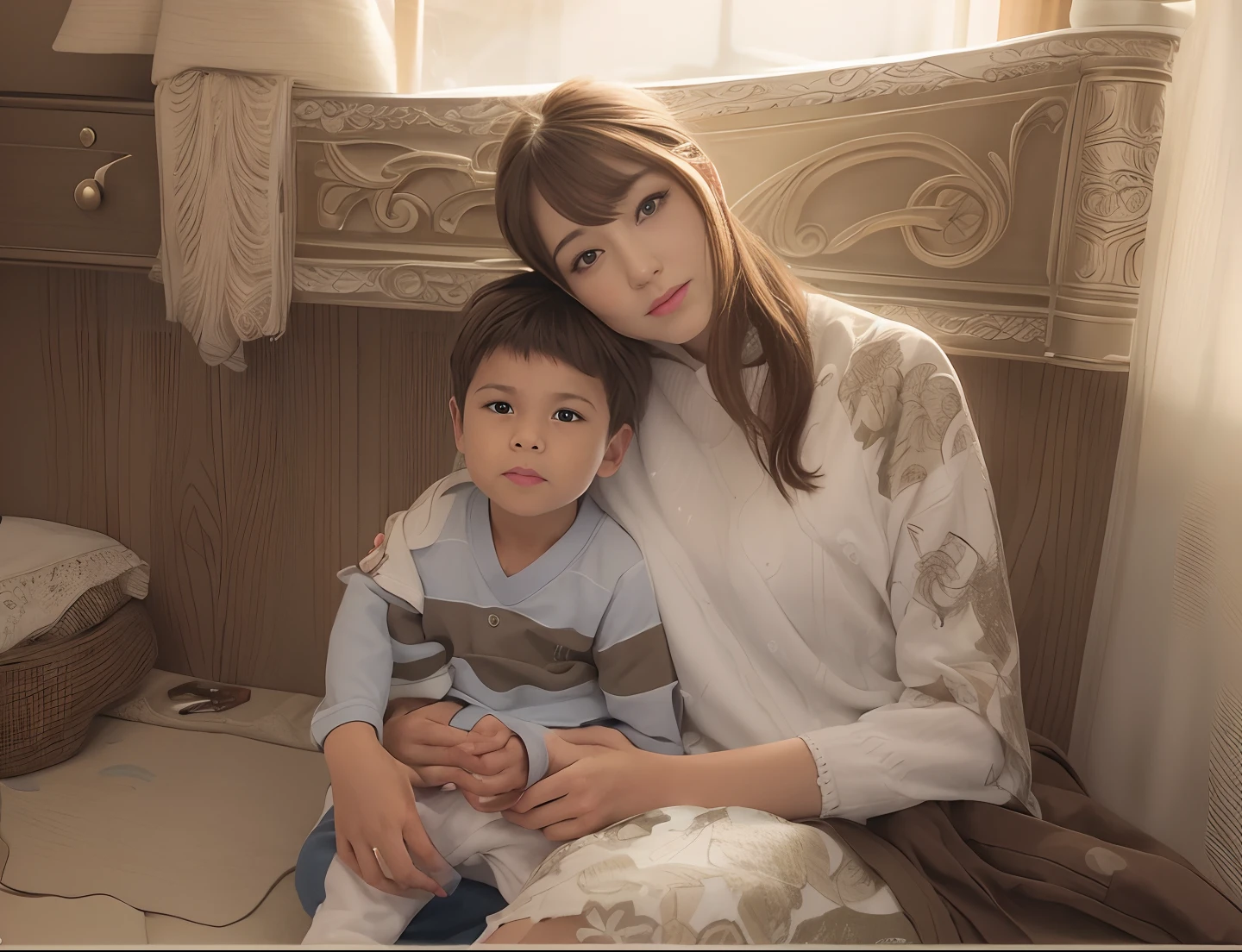 young boy sitting in bed wearing cozy clothes, sitting on his mom's lap, cozy clothes with shorts, mother and son, mom and son, realistic, realistic anime style