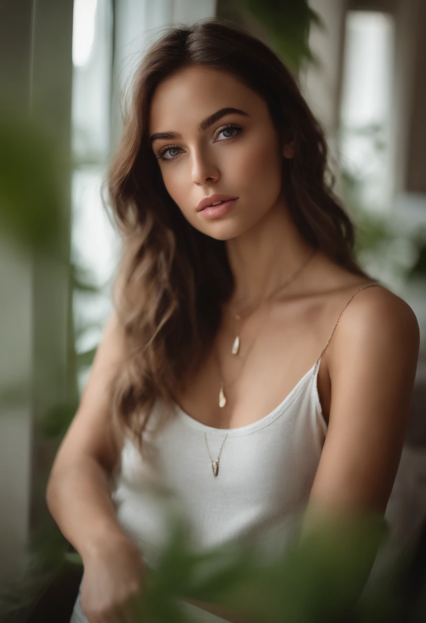 arafed woman with a white tank top and a necklace, sexy girl with green eyes, portrait sophie mudd, brown hair and large eyes, selfie of a young woman, bedroom eyes, violet myers, without makeup, natural makeup, looking directly at the camera, face with artgram, subtle makeup, piercing green eyes, beautiful angle, attractive pose, cute girl, sexy pose, brunette goddess, high detail, satisfied pose, portrait