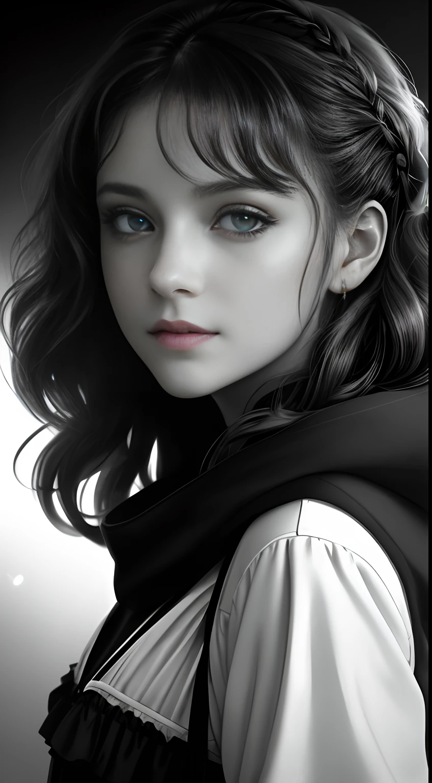 Russian Girl, Trends on ArtStation, Trends on CGSociety, Intricate, High Detail, Clear Focus, Dramatic, Realistic Art of Drawing, by Midjourney and Greg Rutkowski, ((Best Quality)), ((Masterpiece)), High Resolution, Original, Very Detailed Wallpaper, Very Delicate and Pretty, Illustration, Cinematic Light, Volumetric Light, Halo Effect, Light Particles, ((1girl)), beautifuldetailedeyes, longsleeves, hoodie, frills, noshadow, simplebackground, (((black background))), European, bright, (((1980s(style)))), cinema, silhouette, grayscale, monochrome, ((large wavy curls)), slit pupils, (((looking back))), cinematic angles, ((( (close-up))),(((portrait))), lens flare, seductive smile, tarot cards, medium hair