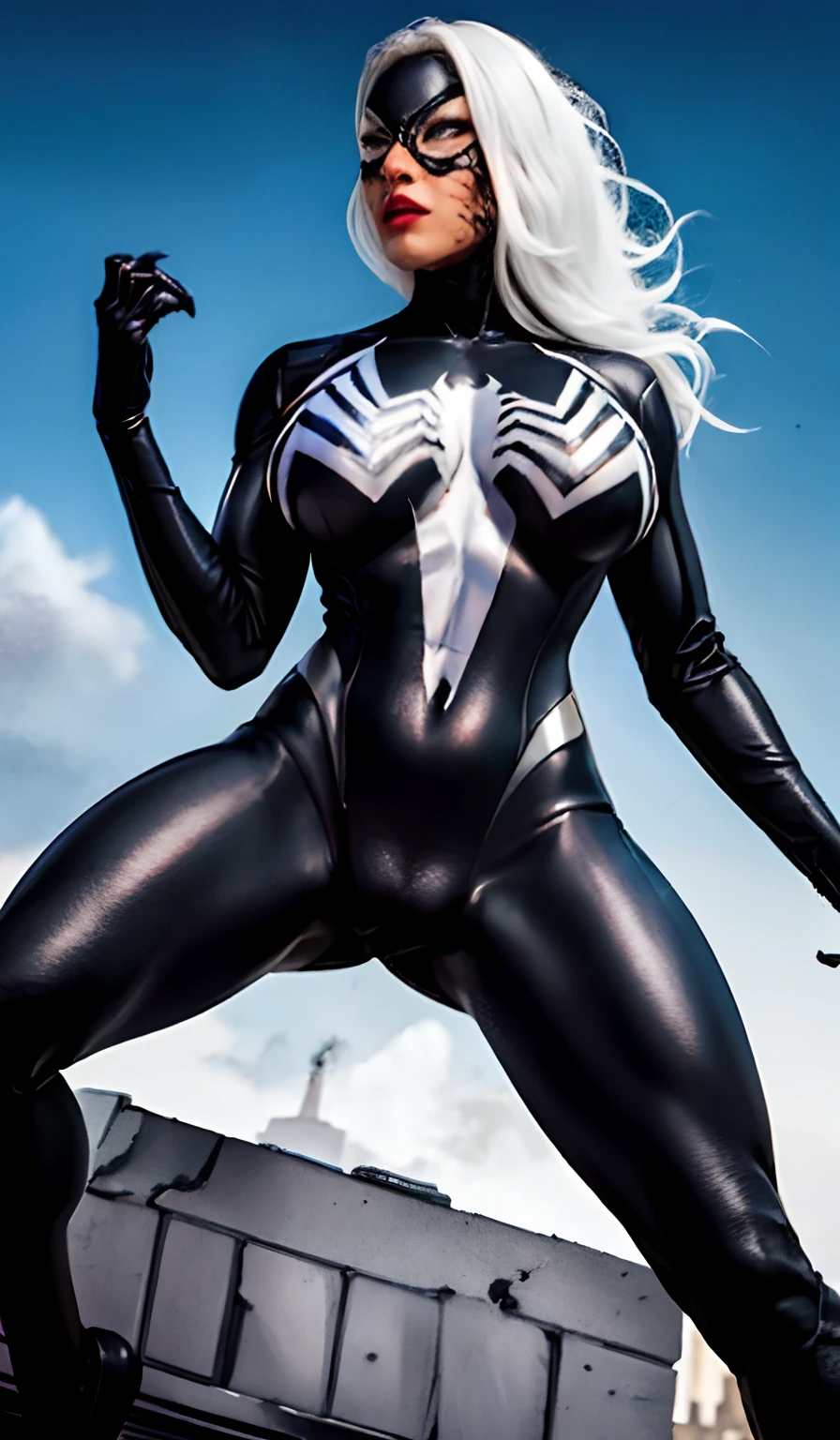 4K，realisticlying，Glamorous，The is very detailed，There is a girl in Dingcheng，White hair，Wearing a black Spider-Man costume，（Black and white：1.4） the night,symbiote，venomize，a large amount of mucus,she is a spiderman，Black superhero theme，In front of the sky，Flushed complexion，( Open legs， camel-toe，， Vulvar shape：1.3）,(GGCameltoe:1.3)Legs apart，25 age old，full bodyesbian