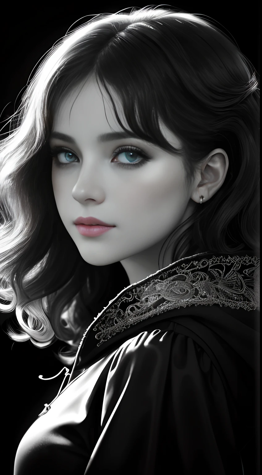Russian Girl, Trends on ArtStation, Trends on CGSociety, Intricate, High Detail, Clear Focus, Dramatic, Realistic Art of Drawing, by Midjourney and Greg Rutkowski, ((Best Quality)), ((Masterpiece)), High Resolution, Original, Very Detailed Wallpaper, Very Delicate and Pretty, Illustration, Cinematic Light, Volumetric Light, Halo Effect, Light Particles, ((1girl)), beautifuldetailedeyes, longsleeves, hoodie, frills, noshadow, simplebackground, (((black background))), European, bright, (((1980s(style)))), cinema, silhouette, grayscale, monochrome, ((large wavy curls)), slit pupils, (((looking back))), cinematic angles, ((( (close-up))),(((portrait))), lens flare, seductive smile, tarot cards, medium hair