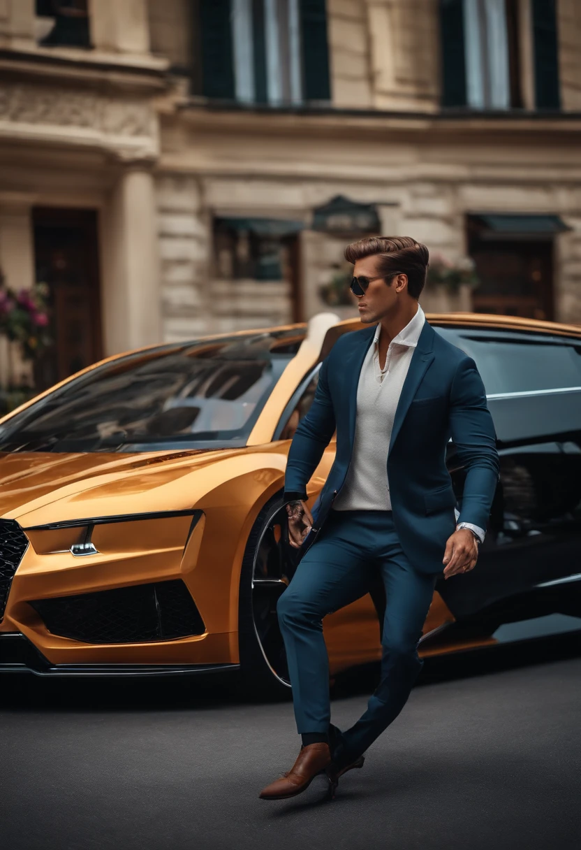 Rich person near a luxury car with fans around