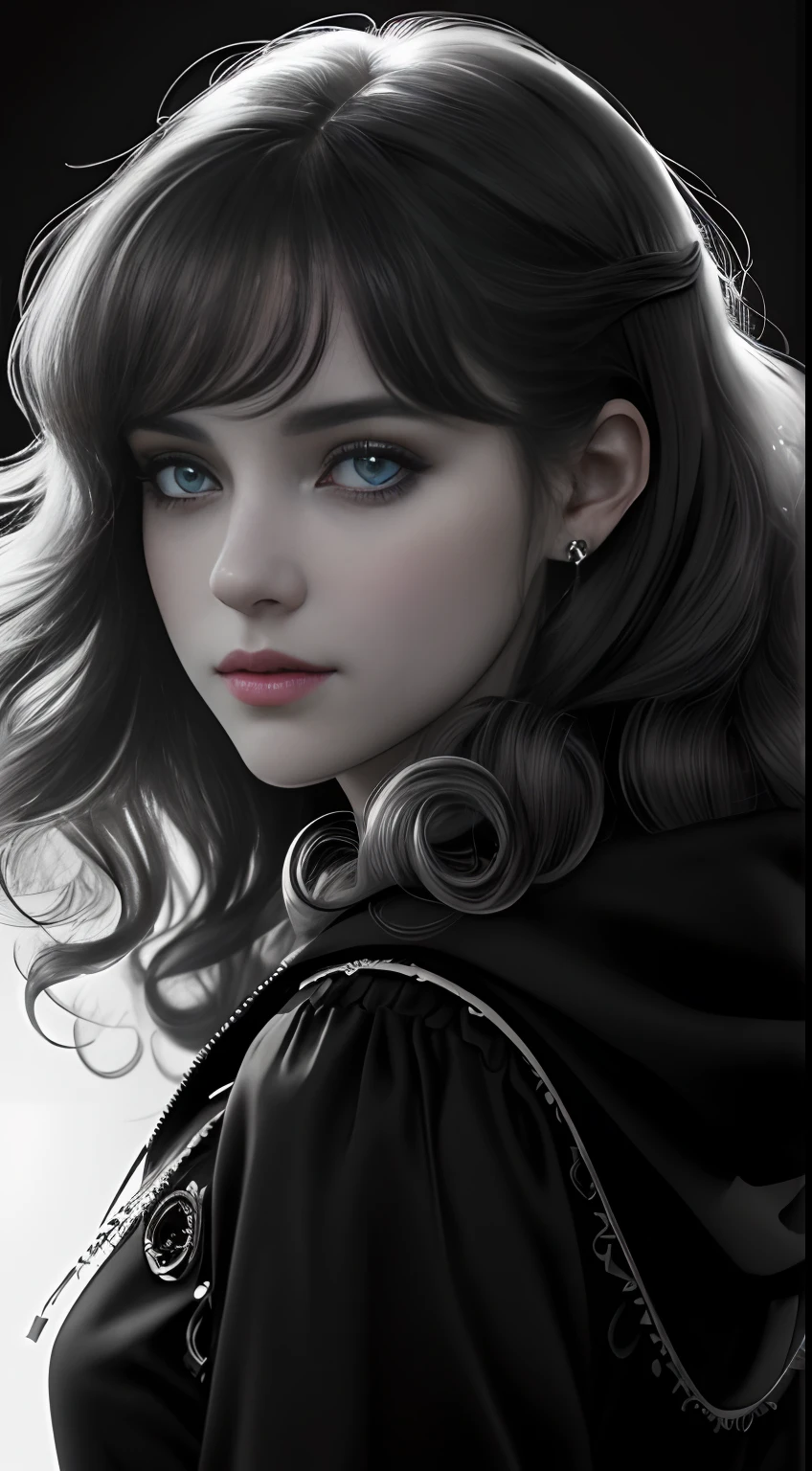Russian Girl, Trends on ArtStation, Trends on CGSociety, Intricate, High Detail, Clear Focus, Dramatic, Realistic Art of Drawing, by Midjourney and Greg Rutkowski, ((Best Quality)), ((Masterpiece)), High Resolution, Original, Very Detailed Wallpaper, Very Delicate and Pretty, Illustration, Cinematic Light, Volumetric Light, Halo Effect, Light Particles, ((1girl)), beautifuldetailedeyes, longsleeves, hoodie, frills, noshadow, simplebackground, (((black background))), European, bright, (((1980s(style)))), cinema, silhouette, grayscale, monochrome, ((large wavy curls)), slit pupils, (((looking back))), cinematic angles, ((( (close-up))),(((portrait))), lens flare, seductive smile, tarot cards, medium hair