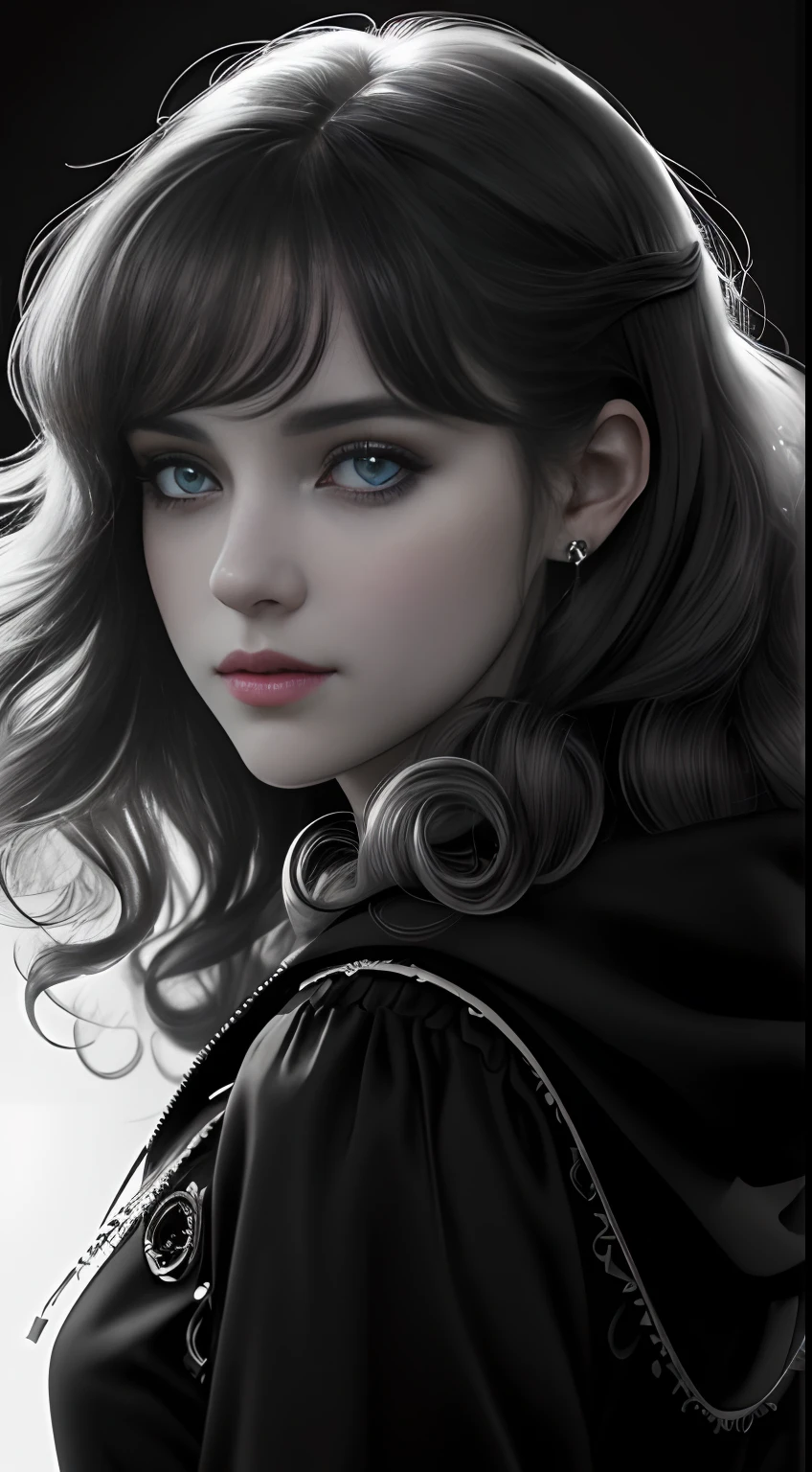 Russian Girl, Trends on ArtStation, Trends on CGSociety, Intricate, High Detail, Clear Focus, Dramatic, Realistic Art of Drawing, by Midjourney and Greg Rutkowski, ((Best Quality)), ((Masterpiece)), High Resolution, Original, Very Detailed Wallpaper, Very Delicate and Pretty, Illustration, Cinematic Light, Volumetric Light, Halo Effect, Light Particles, ((1girl)), beautifuldetailedeyes, longsleeves, hoodie, frills, noshadow, simplebackground, (((black background))), European, bright, (((1980s(style)))), cinema, silhouette, grayscale, monochrome, ((large wavy curls)), slit pupils, (((looking back))), cinematic angles, ((( (close-up))),(((portrait))), lens flare, seductive smile, tarot cards, medium hair