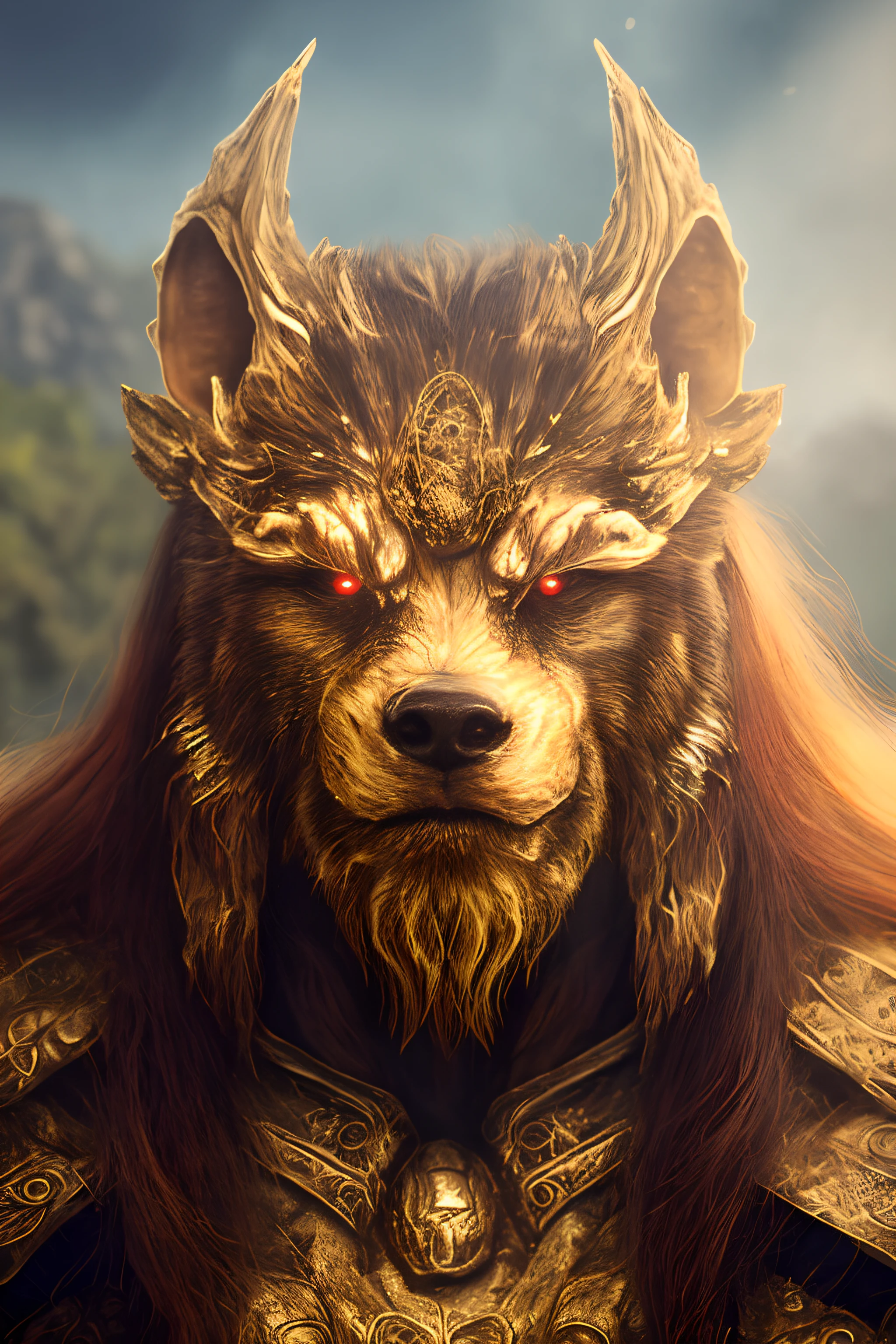 Armadura Dourada, Retrato de Berserker, (&#39;s Face 1.5), guerreiro, arte de fantasia, Panic enemy just looking at him, one head, diabo&#39;s Sorriso, Besta do inferno, Demon, White Fire Sky, guerreiro, Escudo de foice, beleza, Man, lobisomem, Long red braided hair, olhos dourados brilhantes, Realistic, altamente detalhado, Motor irreal, 8k de luxo
