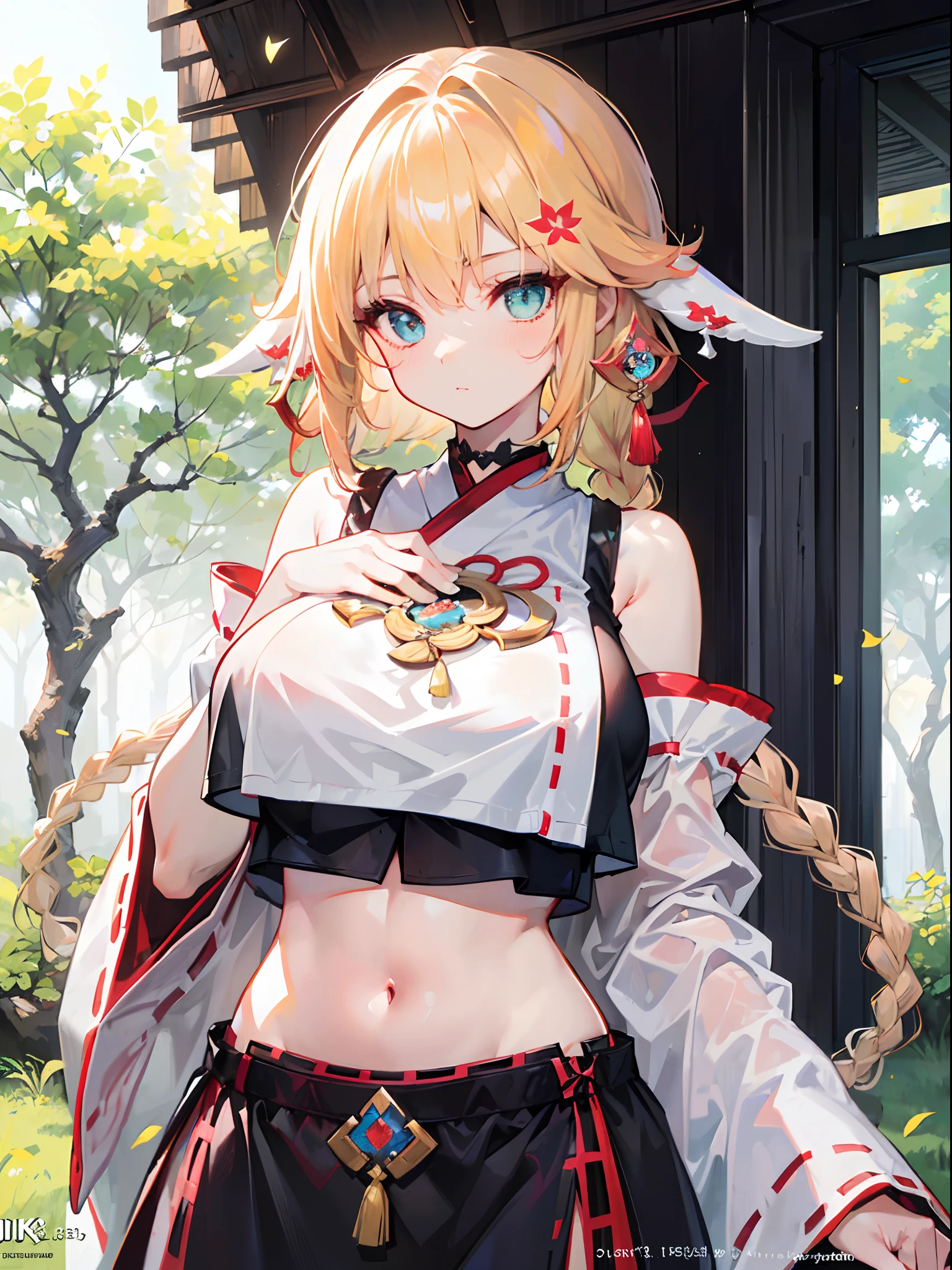 <lora:Yoimiya_mediumpruned:0.6>, masterpiece, best quality, highres, 1girl, asymmetrical hair, (bandaged leg), (bandages), bangs, blonde hair, butterfly choker, chest tattoo, choker, cleavage, collarbone, fish hair ornament, floating hair, flower tattoo, hair between eyes, hair ornament, high ponytail, kanzashi, medium breasts, medium hair, open mouth, orange eyes, pendant choker, red choker, sidelocks, smile, tassel, tattoo, teeth, thighs, upper teeth only, wristband, cherry blossoms, cherry tree, torii, multiple torii, (chest sarashi, budget sarashi, sarashi:1.1), (hands on hips:1.2), (naked bandage:1.6),