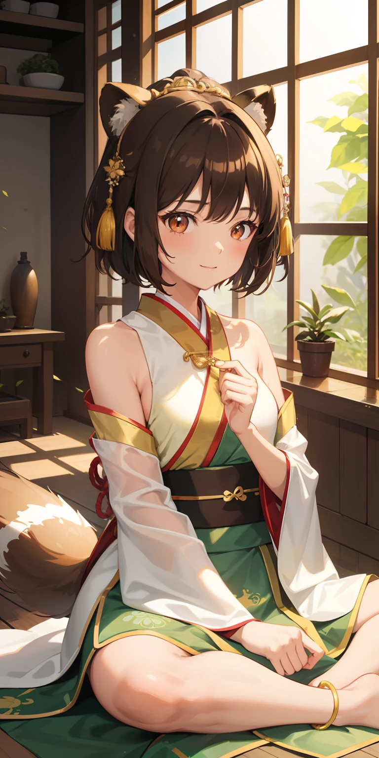 masterpiece, anime screencap, 1 girl, solo, brown hair, short hair, brown eyes, gray bodysuit, orange sleeves, green skirt, white leggings, sandals, wristbands, otudoors, valley, cowboy shot, full body <lora:Norma:1>