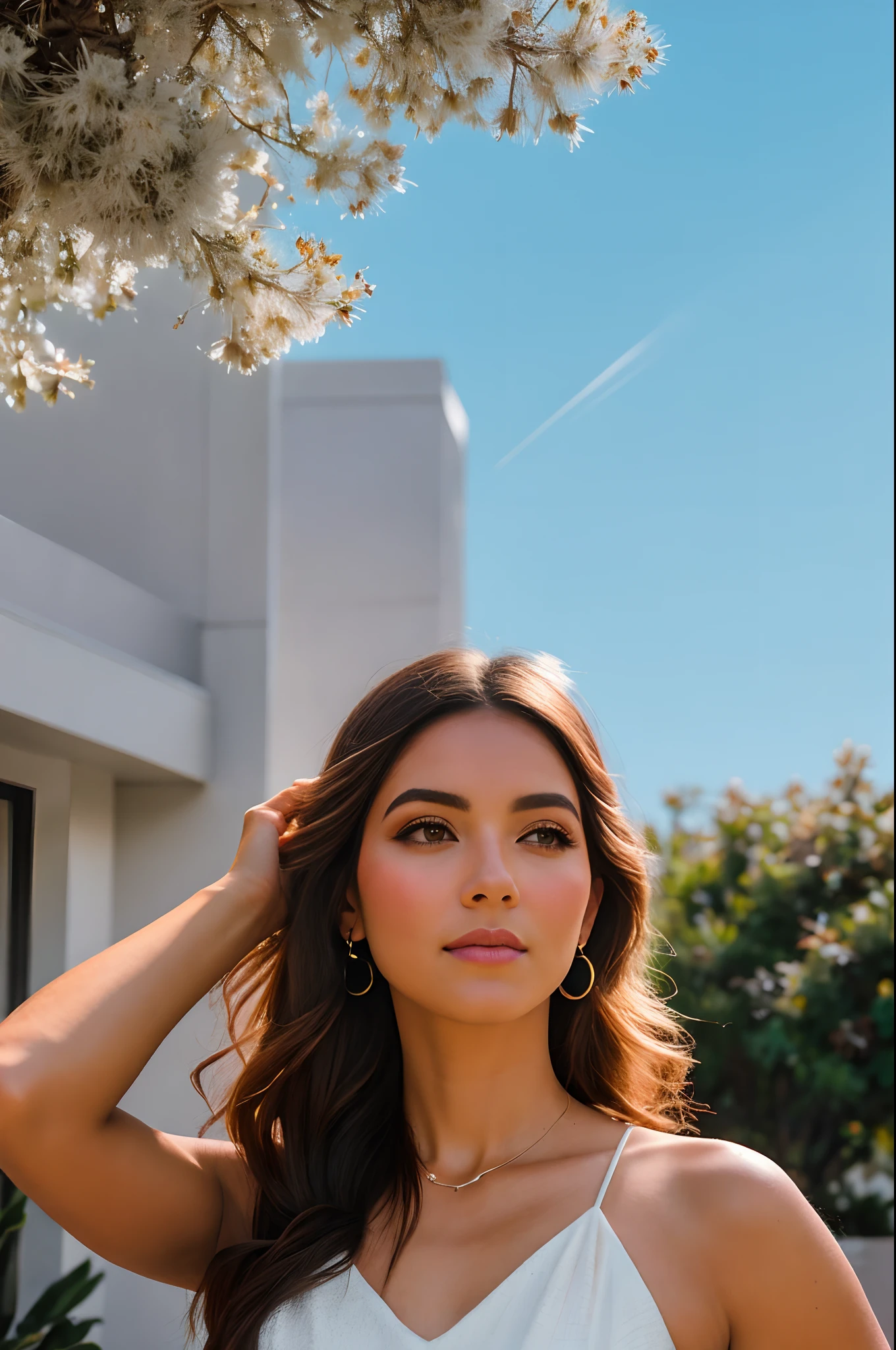 SelFie proFissional de uma linda mulher de 25 anos em roupas casual de verao com longos cabelos castanho claro com e ondulados, (( olha paquera)), sardas, beautiful symetrical face, maquiagem natural bonito, ((Standing outside on the city's Nevada Street)), deslumbrante ambiente urbano moderno de luxo, Ultra realista, arte conceitual, elegante, altamente detalhado, intrincado, foco nítido, proFundidade de campo, F/1. 8, 85 millimeters, medium shot, medium shot, (centered image compositing), (proFissionalmente classiFicado por cores), ((luz diFusa suave brilhante)), volumetric mist, trending in instagram, Trending on Tumblr, HDR 4K, 8k