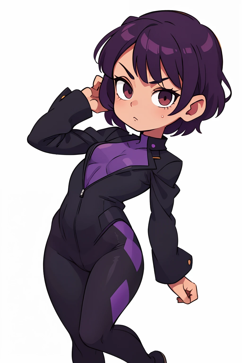 Girl with bright purple hair, Brown eyes, short hairstyle, strict black suit. full-length on a white background