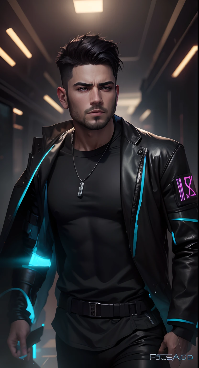 Change background cyberpunk handsome boy, realistic face, 8k, ultra realistic,Black background,Write K Logo Design on Clothes
