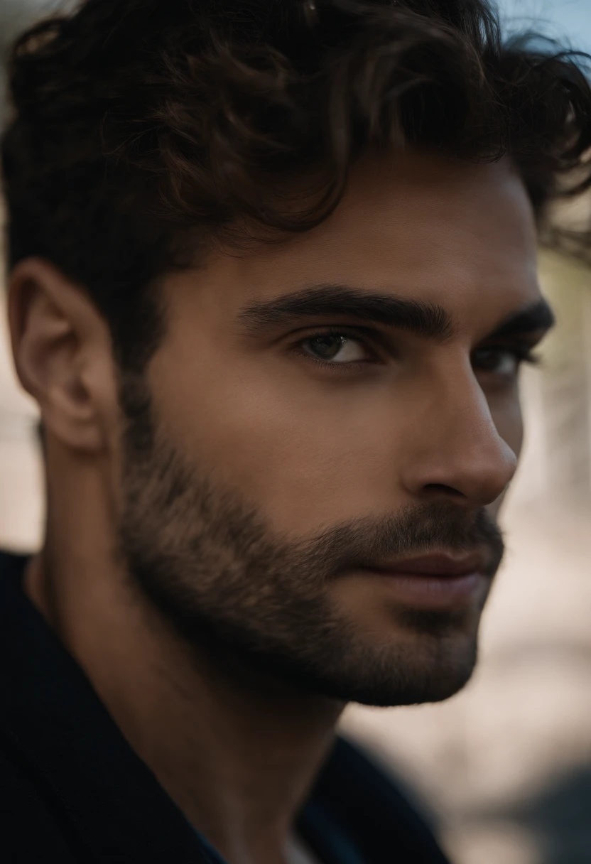 mbres sensuelles: The enigmatic handsome man look - Immerse yourself in sensual shadows with an extreme close-up that highlights striking eyes and short, curly brown hair, (shaven:1.3). The mastery of light and shadow adds depth to its masculine aspect in this dramatic composition... Captured with a Fujifilm GFX 100S and a Fujinon GF 63mm f/2.Objectif 8 R WR --ar 9:16 --s 350 --c 10 --style brut