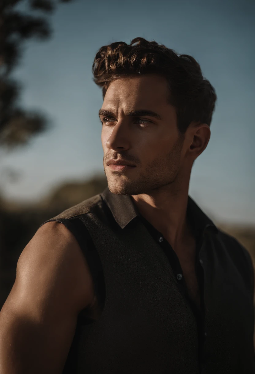 mbres sensuelles: The enigmatic handsome man look - Immerse yourself in sensual shadows with an extreme close-up that highlights striking eyes and short, curly brown hair, (shaven:1.3). The mastery of light and shadow adds depth to its masculine aspect in this dramatic composition... Captured with a Fujifilm GFX 100S and a Fujinon GF 63mm f/2.Objectif 8 R WR --ar 9:16 --s 350 --c 10 --style brut