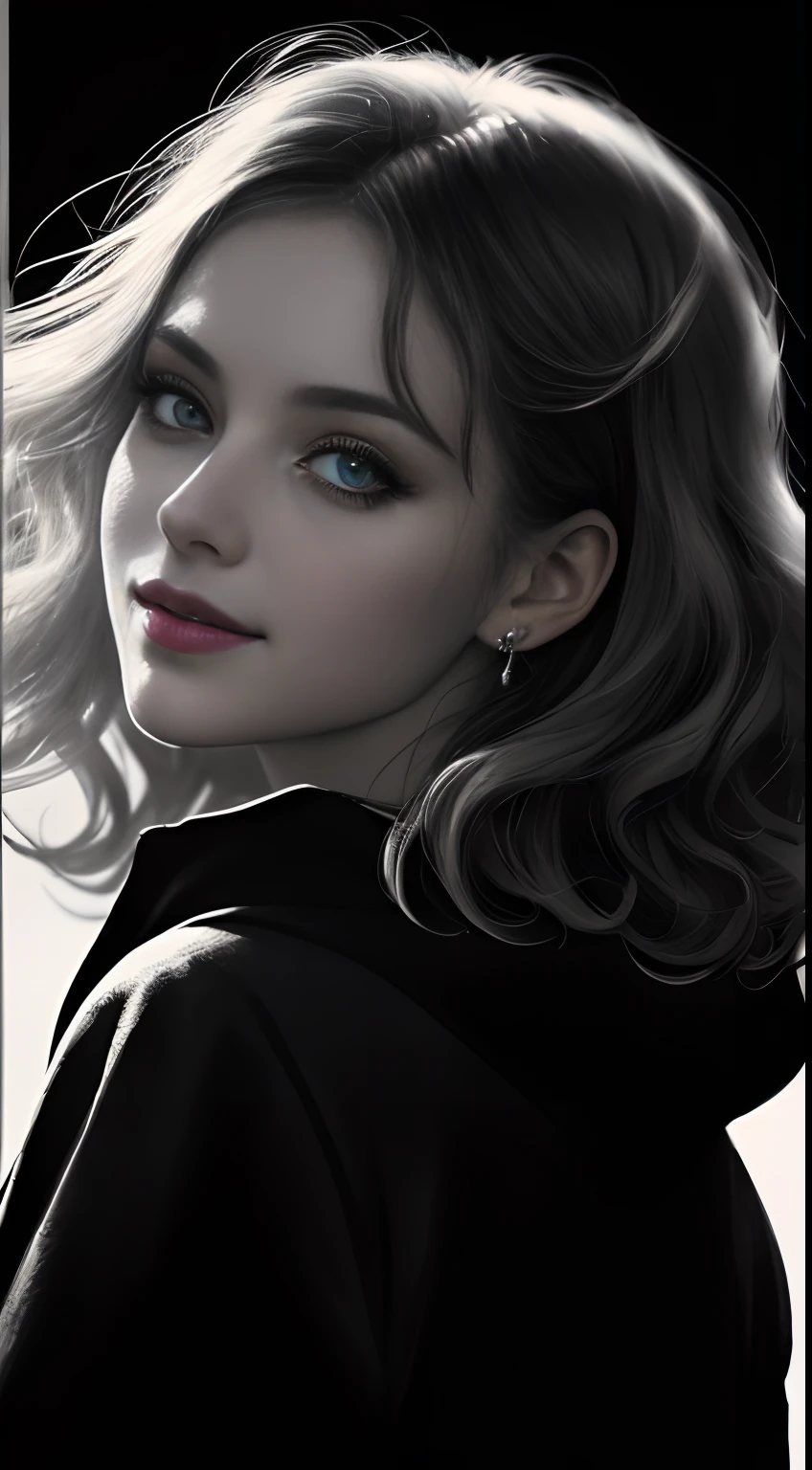 Russian Girl, Trends on ArtStation, Trends on CGSociety, Intricate, High Detail, Clear Focus, Dramatic, Realistic Art of Drawing, by Midjourney and Greg Rutkowski, ((Best Quality)), ((Masterpiece)), High Resolution, Original, Very Detailed Wallpaper, Very Delicate and Pretty, Illustration, Cinematic Light, Volumetric Light, Halo Effect, Light Particles, ((1girl)), beautifuldetailedeyes, longsleeves, hoodie, frills, noshadow, simplebackground, (((black background))), European, bright, (((1980s(style)))), cinema, silhouette, grayscale, monochrome, ((large wavy curls)), slit pupils, (((looking back))), cinematic angles, ((( (close-up))),(((portrait))), lens flare, seductive smile, tarot cards, medium hair
