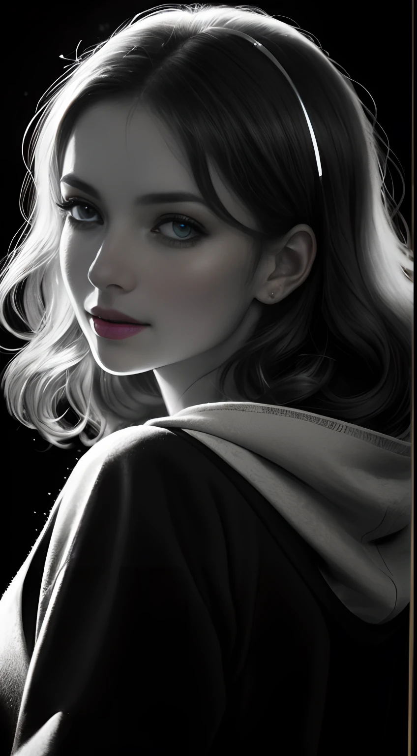Russian Girl, Trends on ArtStation, Trends on CGSociety, Intricate, High Detail, Clear Focus, Dramatic, Realistic Art of Drawing, by Midjourney and Greg Rutkowski, ((Best Quality)), ((Masterpiece)), High Resolution, Original, Very Detailed Wallpaper, Very Delicate and Pretty, Illustration, Cinematic Light, Volumetric Light, Halo Effect, Light Particles, ((1girl)), beautifuldetailedeyes, longsleeves, hoodie, frills, noshadow, simplebackground, (((black background))), European, bright, (((1980s(style)))), cinema, silhouette, grayscale, monochrome, ((large wavy curls)), slit pupils, (((looking back))), cinematic angles, ((( (close-up))),(((portrait))), lens flare, seductive smile, tarot cards, medium hair