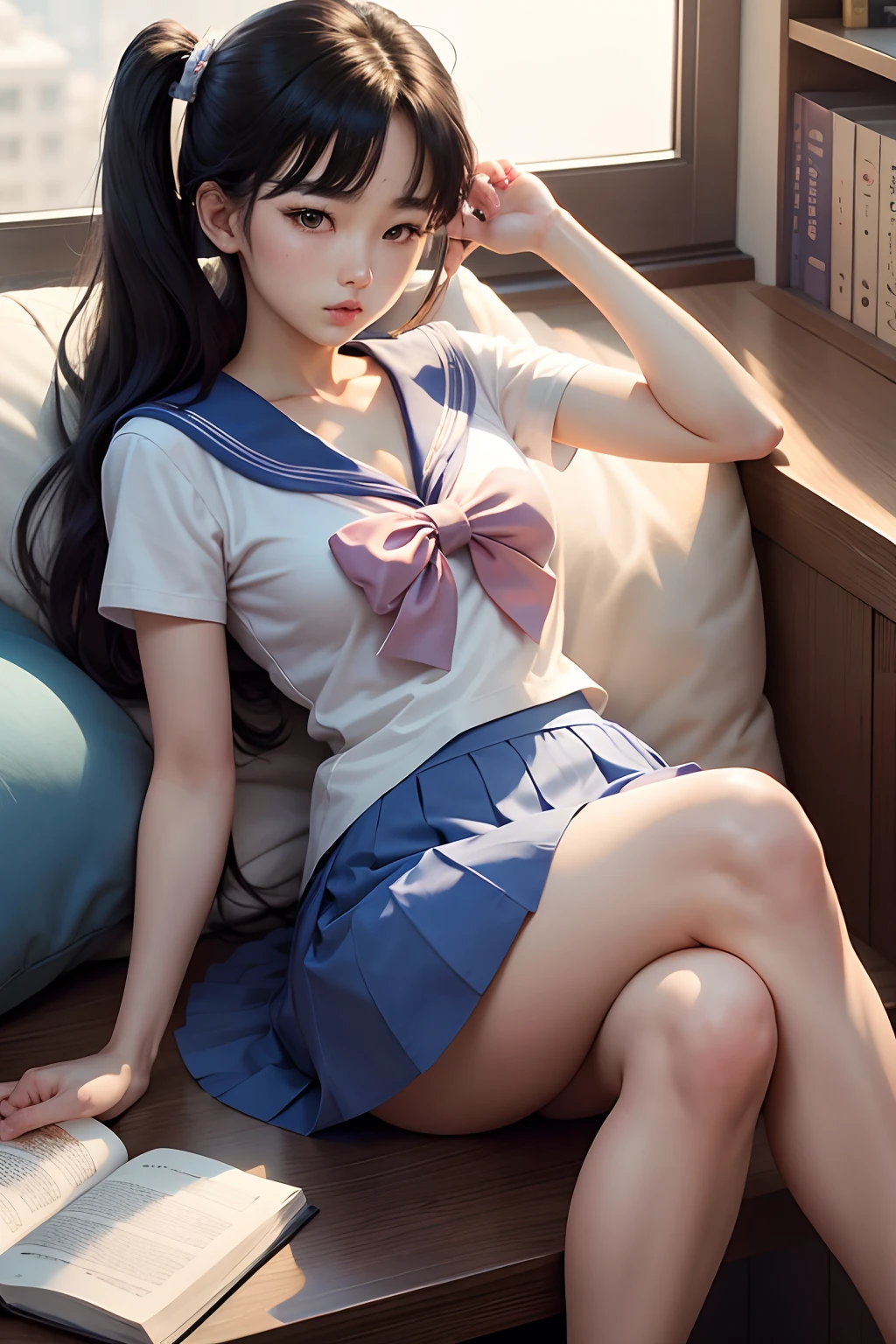 sailor moon, Korean lady 15 years old reading a book in a library, white shirt, student short blue skirt, pay special attention to arms and hands, pay attention to book