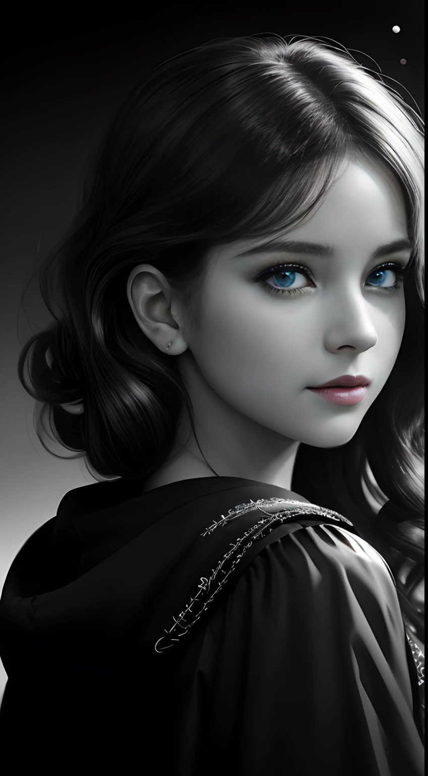 Russian Girl, Trends on ArtStation, Trends on CGSociety, Intricate, High Detail, Clear Focus, Dramatic, Realistic Art of Drawing, by Midjourney and Greg Rutkowski, ((Best Quality)), ((Masterpiece)), High Resolution, Original, Very Detailed Wallpaper, Very Delicate and Pretty, Illustration, Cinematic Light, Volumetric Light, Halo Effect, Light Particles, ((1girl)), beautifuldetailedeyes, longsleeves, hoodie, frills, noshadow, simplebackground, (((black background))), European, bright, (((1980s(style)))), cinema, silhouette, grayscale, monochrome, ((large wavy curls)), slit pupils, (((looking back))), cinematic angles, ((( (close-up))),(((portrait))), lens flare, seductive smile, tarot cards, medium hair