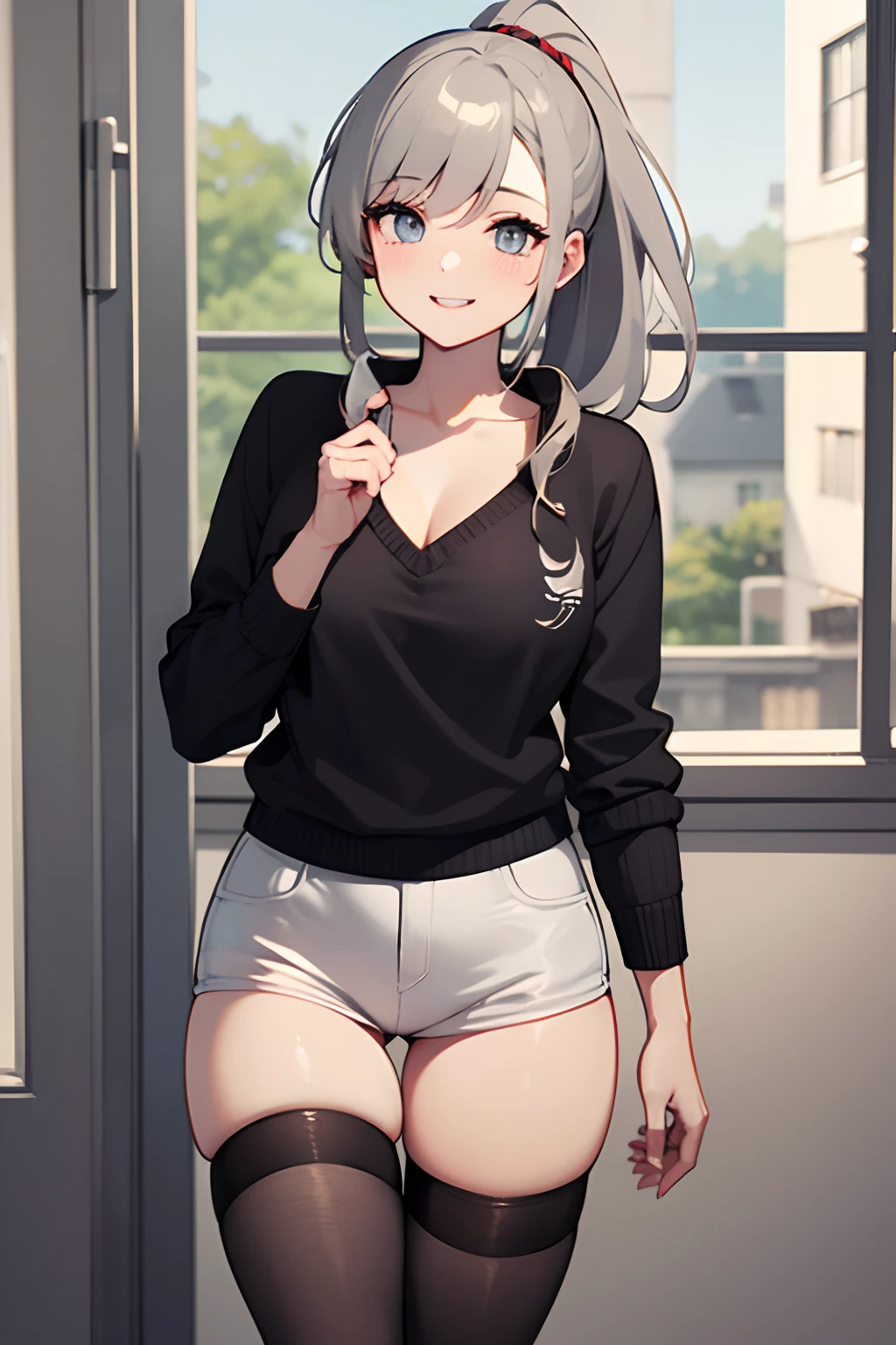 Girl in stockings,(in stockings)German,European,Slavic,Sexy,((Skinny)) sporty figure,((dressed in sweater)), But the stocking is visible,(hairstyle: high ponytail) Looks with love,Smiling,Love,gray hair color,(Skinny Legs)Against the backdrop of a cozy home,