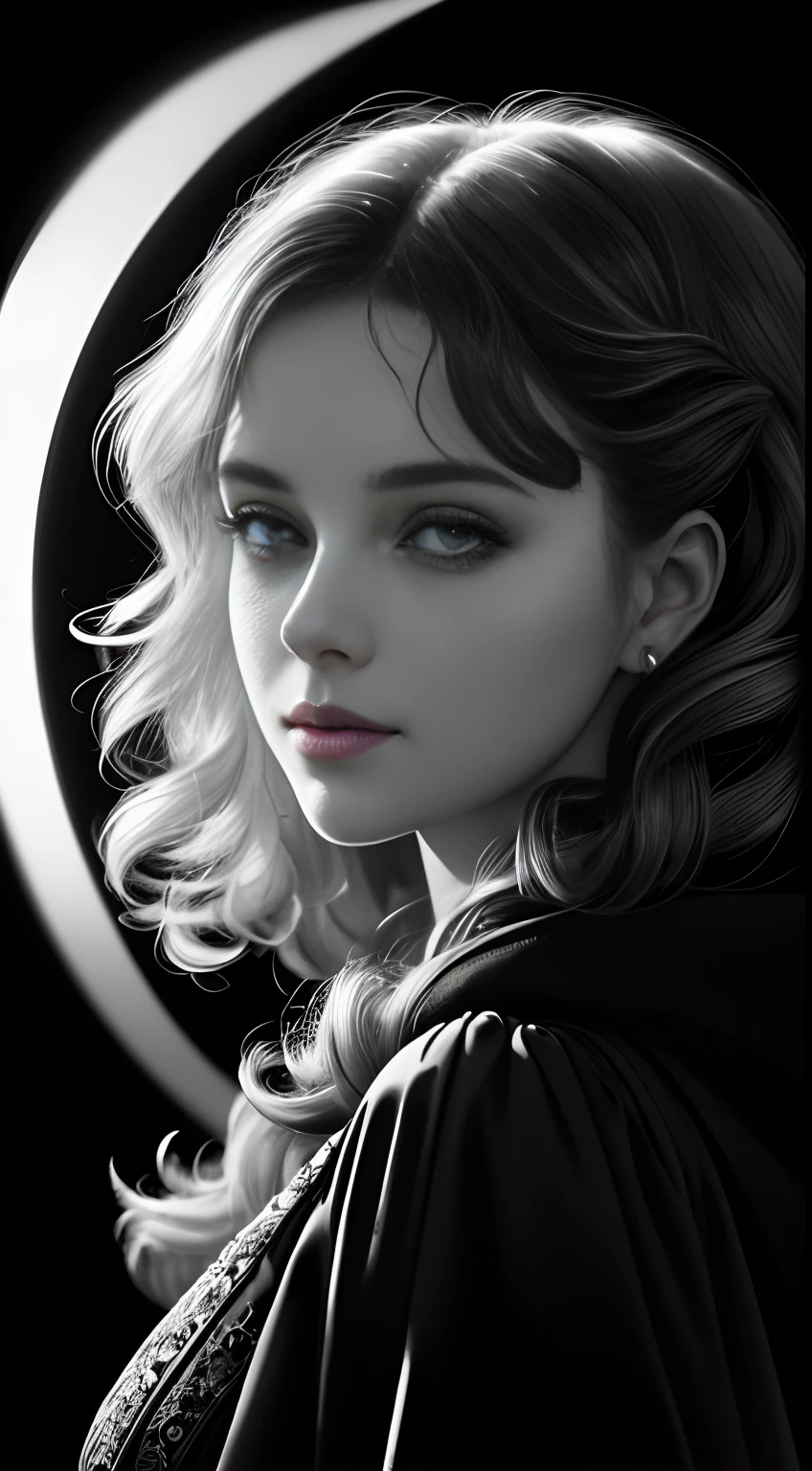 Russian Girl, Trends on ArtStation, Trends on CGSociety, Intricate, High Detail, Clear Focus, Dramatic, Realistic Art of Drawing, by Midjourney and Greg Rutkowski, ((Best Quality)), ((Masterpiece)), High Resolution, Original, Very Detailed Wallpaper, Very Delicate and Pretty, Illustration, Cinematic Light, Volumetric Light, Halo Effect, Light Particles, ((1girl)), beautifuldetailedeyes, longsleeves, hoodie, frills, noshadow, simplebackground, (((black background))), European, bright, (((1980s(style)))), cinema, silhouette, grayscale, monochrome, ((large wavy curls)), slit pupils, (((looking back))), cinematic angles, ((( (close-up))),(((portrait))), lens flare, seductive smile, tarot cards, medium hair