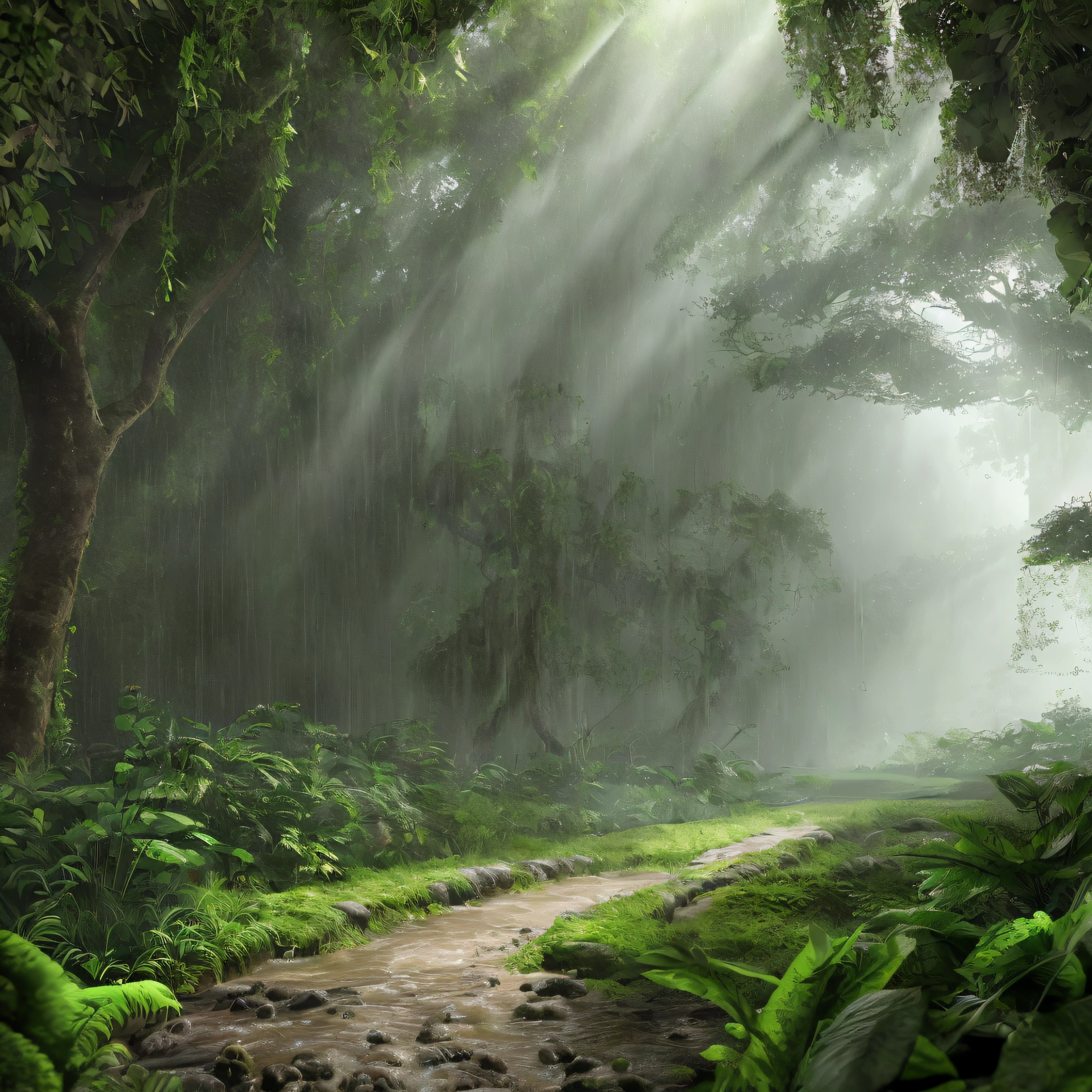 Jungle, heavy rainfall, monochrome, vines everywhere, huge wet trees, masterpiece, best quality, high quality, very detailed CG unity 8k wallpaper, oil painting, award winning photography, bokeh, depth of field, HDR, bloom , chromatic aberration, photorealism, very detailed, trending on artstation, trending on CGsociety, intricate, high detail, dramatic, midjourney art, volumetric lighting. Image size: 960x536