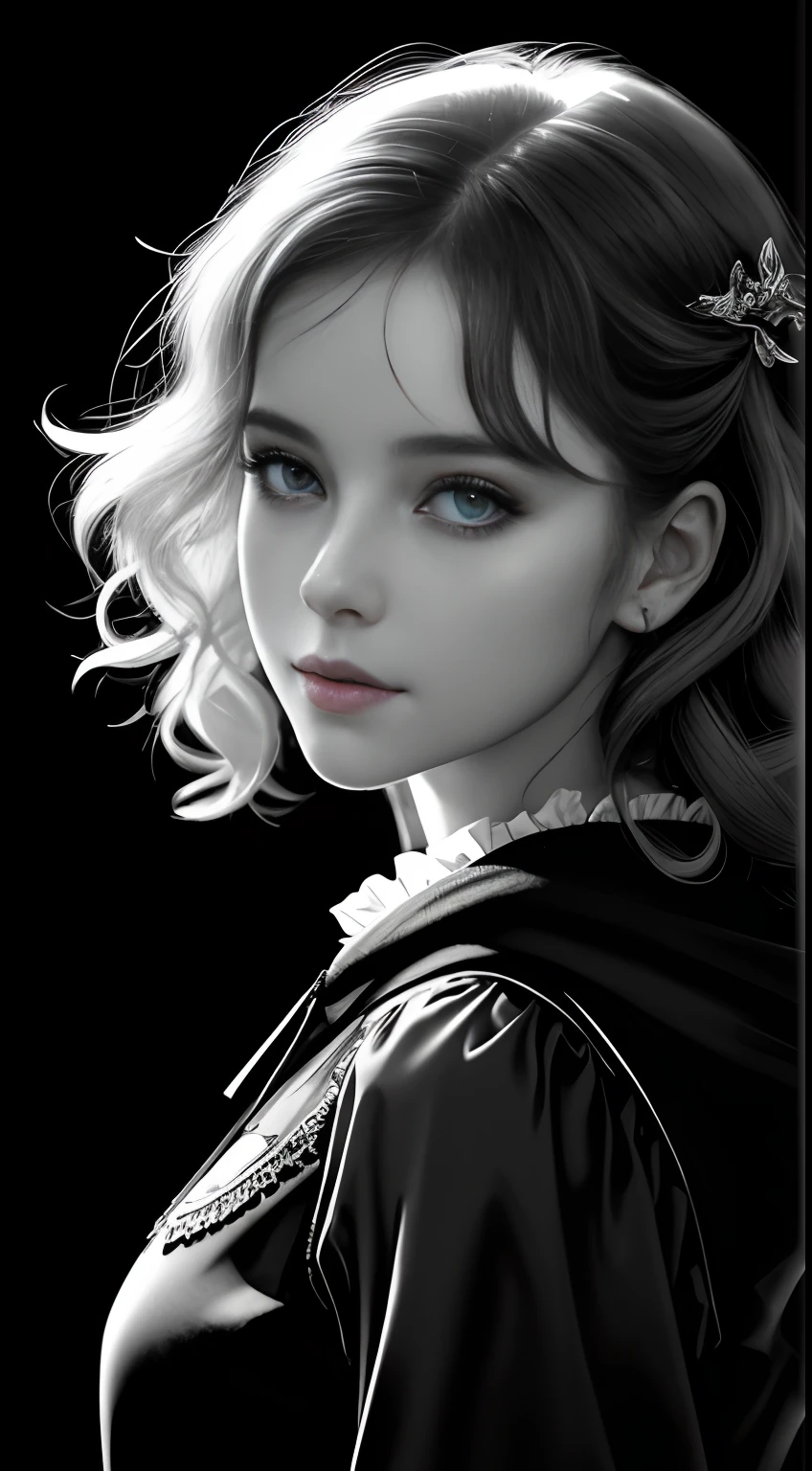 Russian Girl, Trends on ArtStation, Trends on CGSociety, Intricate, High Detail, Clear Focus, Dramatic, Realistic Art of Drawing, by Midjourney and Greg Rutkowski, ((Best Quality)), ((Masterpiece)), High Resolution, Original, Very Detailed Wallpaper, Very Delicate and Pretty, Illustration, Cinematic Light, Volumetric Light, Halo Effect, Light Particles, ((1girl)), beautifuldetailedeyes, longsleeves, hoodie, frills, noshadow, simplebackground, (((black background))), European, bright, (((1980s(style)))), cinema, silhouette, grayscale, monochrome, ((large wavy curls)), slit pupils, (((looking back))), cinematic angles, ((( (close-up))),(((portrait))), lens flare, seductive smile, tarot cards, medium hair