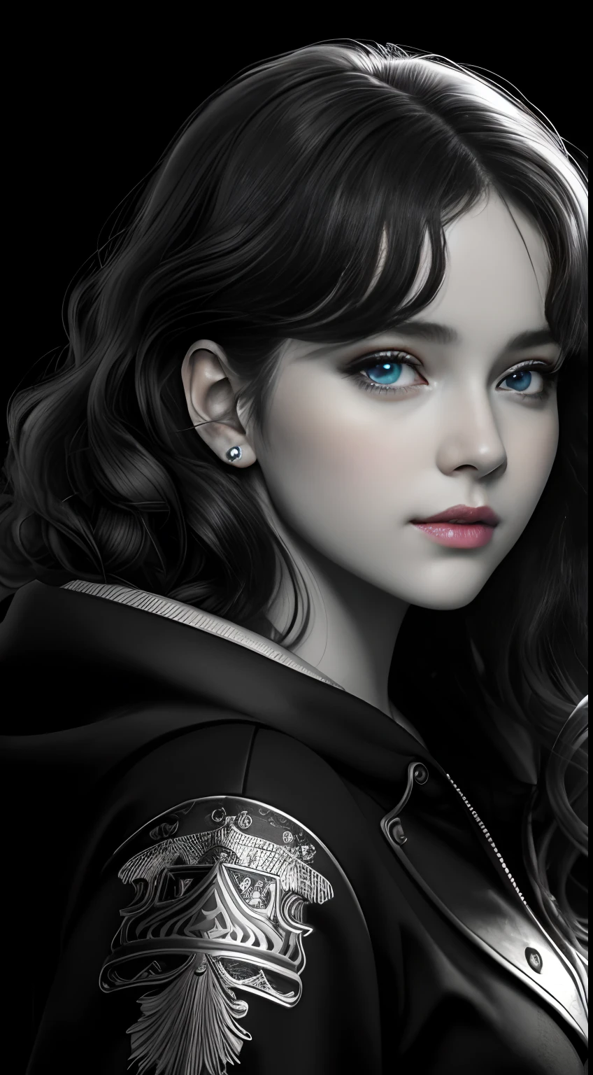 Russian Girl, Trends on ArtStation, Trends on CGSociety, Intricate, High Detail, Clear Focus, Dramatic, Realistic Art of Drawing, by Midjourney and Greg Rutkowski, ((Best Quality)), ((Masterpiece)), High Resolution, Original, Very Detailed Wallpaper, Very Delicate and Pretty, Illustration, Cinematic Light, Volumetric Light, Halo Effect, Light Particles, ((1girl)), beautifuldetailedeyes, longsleeves, hoodie, frills, noshadow, simplebackground, (((black background))), European, bright, (((1980s(style)))), cinema, silhouette, grayscale, monochrome, ((large wavy curls)), slit pupils, (((looking back))), cinematic angles, ((( (close-up))),(((portrait))), lens flare, seductive smile, tarot cards, medium hair