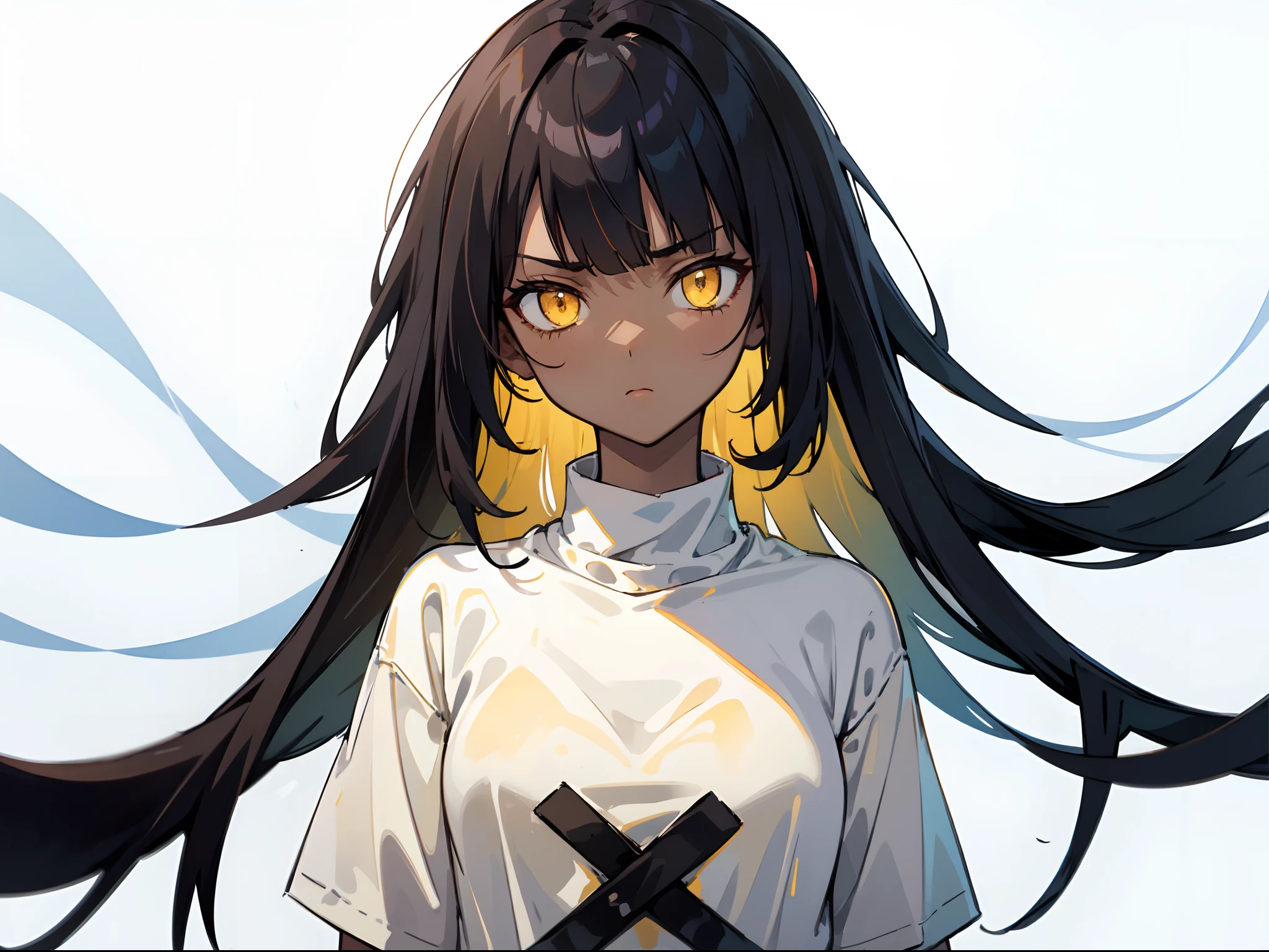 character preview, (upper body, face shot), 1girl, solo, teen, dark skin, black hair, monochrome hair, medium hair, hime cut, blunt bangs, long sidelocks, messy hair, yellow eyes, white shirt, oversized shirt, bottomless, (yellow eyes, glowing eyes), (small breasts), inexpressive, serious, standing, facing at viewer, looking at viewer, (upper body close-up), white background, simple background, masterpiece, best quality, 8k