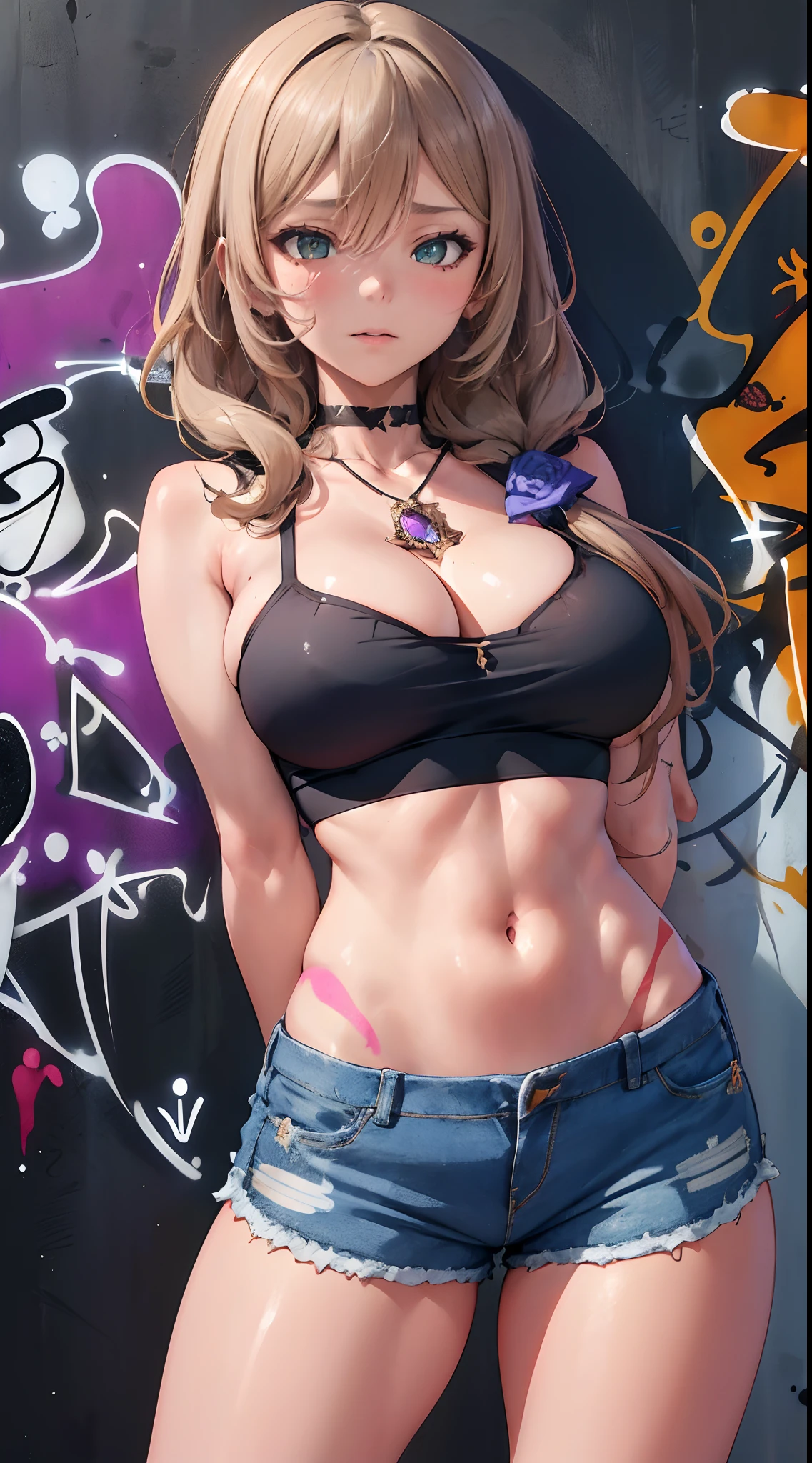 Lisa|genshin impact, master-piece, bestquality, 1girls,25 years old, shorts jeans, oversized breasts, ,bara, crop top, shorts jeans, choker, (Graffiti:1.5), Splash with purple lightning pattern., arm behind back, against wall, View viewers from the front., Thigh strap, Head tilt, bored, water eyes,