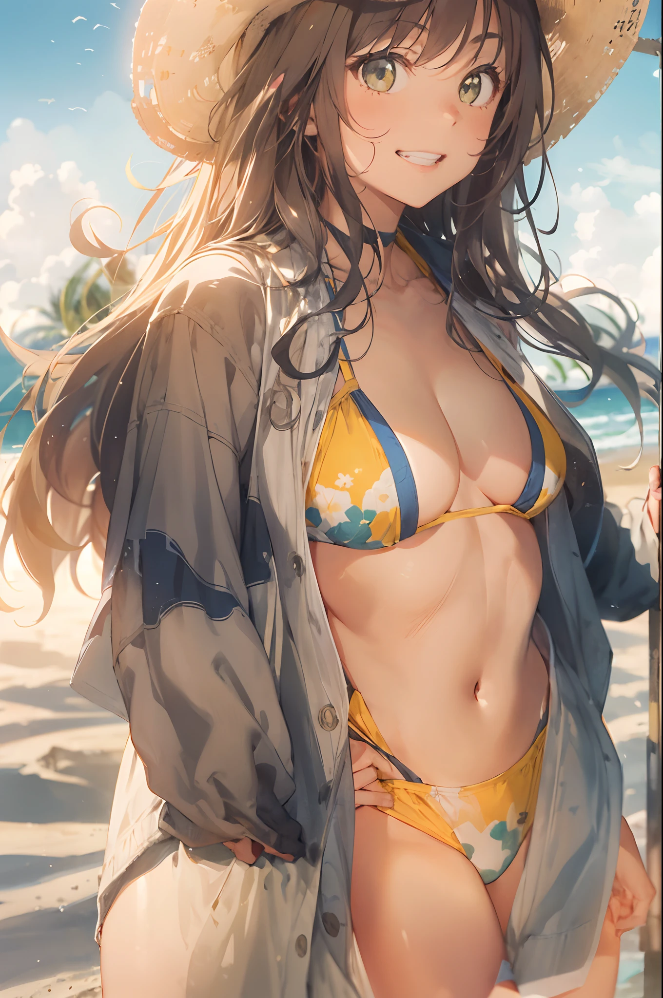 High resolution,
One beautiful young woman,
(soft saturation: 1.3), (fair skin: 1.2),
(ultra-detailed background, detailed background), bokeh,
Portrait of smiling girl breaking. When viewed from the front, the composition is symmetrical.
Look straight at you with serious eyes and break
yellow swimsuit, yellow bikini, middle breast,
outdoor, sea surface, sky, sunshine, summer beach, sand,
strong light, front light,
(Teenager: 1.3), (Cowboy Shot: 1.2), Break
angle from the front,
Look at the viewer,
Dynamic Pose,
Sitting on the beach

Wakame, wakame, wakame, wakame, wakame, wakame, wakame,