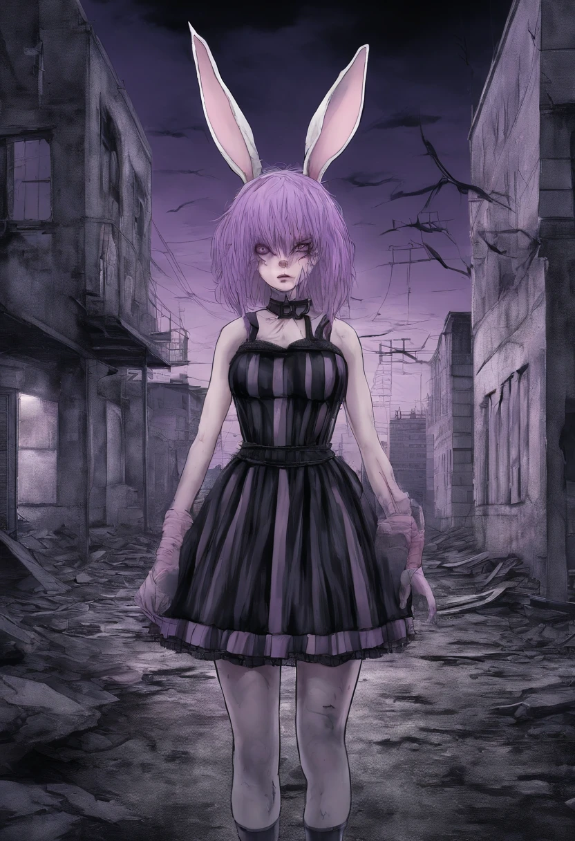 bunny girl, rose hair, pink hare ears and tail, purple dress with a short skirt, black knee socks with white stripes, lilac iris in the eyes, White Boots, Against the backdrop of an abandoned city