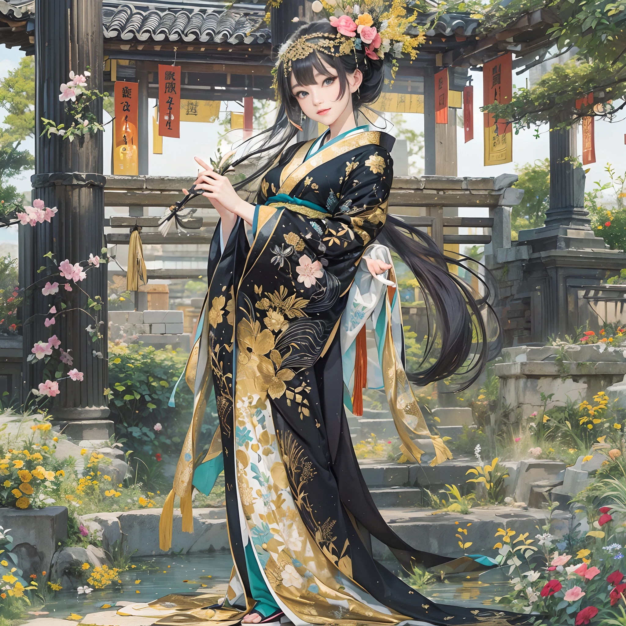 Try to give your audience a bouquet、
watching at viewers、for the background(ancient city:1.5)And the moon、(dense background:1.5)、poneyTail、Woman with shiny black hair、perfect hand、BREAK {{{Luxury kimono(Colorful kimono(Detailed golden embroidery,))}}}、face perfect,Depict a beautiful and graceful woman of Japan,poneyTail,Heart in the eye。full body Esbian。 Wallpaper 8K, .Blur the background with a sickle,((masutepiece)), ((Best Quality))