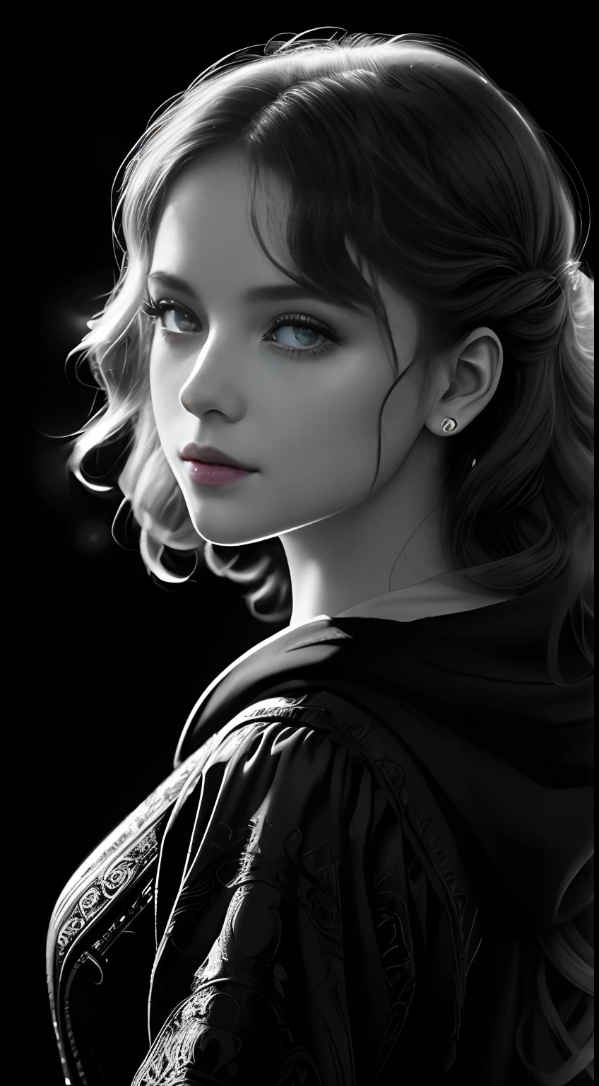 Russian Girl, Trends on ArtStation, Trends on CGSociety, Intricate, High Detail, Clear Focus, Dramatic, Realistic Art of Drawing, by Midjourney and Greg Rutkowski, ((Best Quality)), ((Masterpiece)), High Resolution, Original, Very Detailed Wallpaper, Very Delicate and Pretty, Illustration, Cinematic Light, Volumetric Light, Halo Effect, Light Particles, ((1girl)), beautifuldetailedeyes, longsleeves, hoodie, frills, noshadow, simplebackground, (((black background))), European, bright, (((1980s(style)))), cinema, silhouette, grayscale, monochrome, ((large wavy curls)), slit pupils, (((looking back))), cinematic angles, ((( (close-up))),(((portrait))), lens flare, seductive smile, tarot cards, medium hair