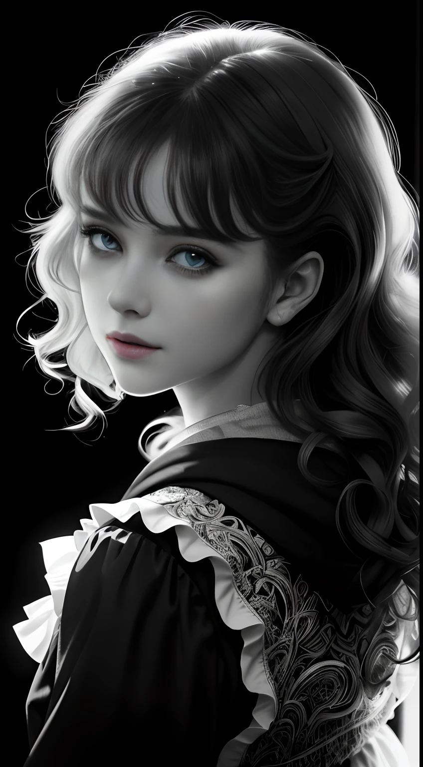 Russian Girl, Trends on ArtStation, Trends on CGSociety, Intricate, High Detail, Clear Focus, Dramatic, Realistic Art of Drawing, by Midjourney and Greg Rutkowski, ((Best Quality)), ((Masterpiece)), High Resolution, Original, Very Detailed Wallpaper, Very Delicate and Pretty, Illustration, Cinematic Light, Volumetric Light, Halo Effect, Light Particles, ((1girl)), beautifuldetailedeyes, longsleeves, hoodie, frills, noshadow, simplebackground, (((black background))), European, bright, (((1980s(style)))), cinema, silhouette, grayscale, monochrome, ((large wavy curls)), slit pupils, (((looking back))), cinematic angles, ((( (close-up))),(((portrait))), lens flare, seductive smile, tarot cards, medium hair